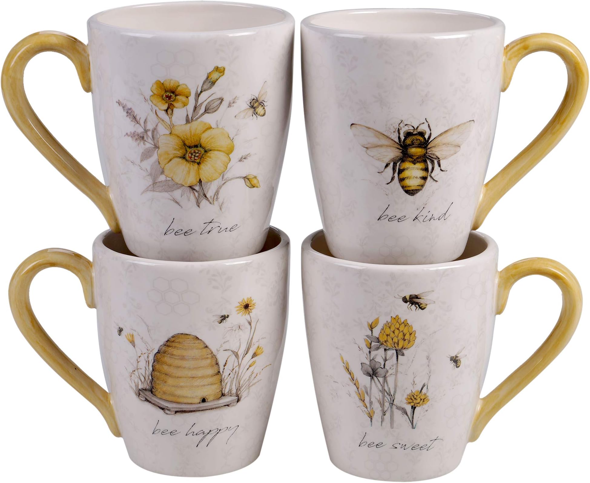 Bee Sweet Set of 4 Large Ceramic Mugs โ 22 oz Coffee, Tea, Hot Cocoa Cups with Farmhouse Bee & Floral Design, Rustic Oversized Mugs with Comfort Handle โ Microwave & Dishwasher Safe