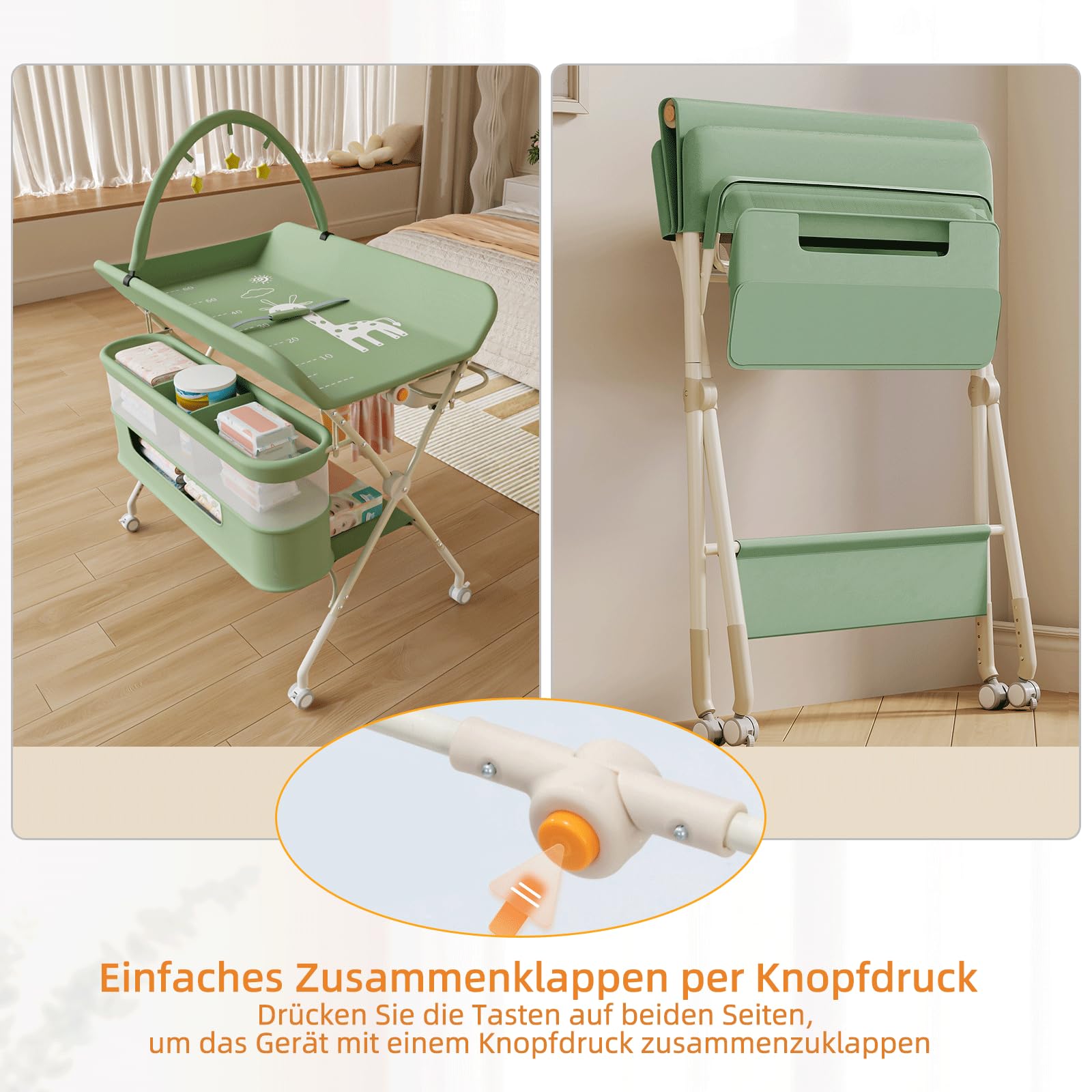 homewell 2 in 1 Baby Wickelkombi Spielzentrum, Höhenverstellbar, mobiler Wickeltisch klappbare mit Spielständer Sicherheitsgurt Aufbewahrungskorb Wickelauflage (Grün)