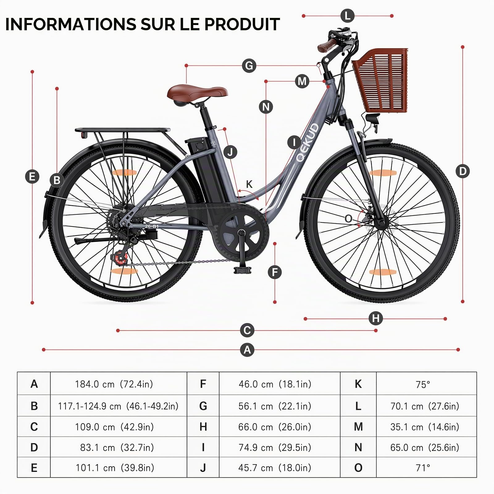 Vélo électrique pour femme/homme 26" avec panier à vélo, vélo de ville de trekking avec batterie 36 V 13 Ah, gris