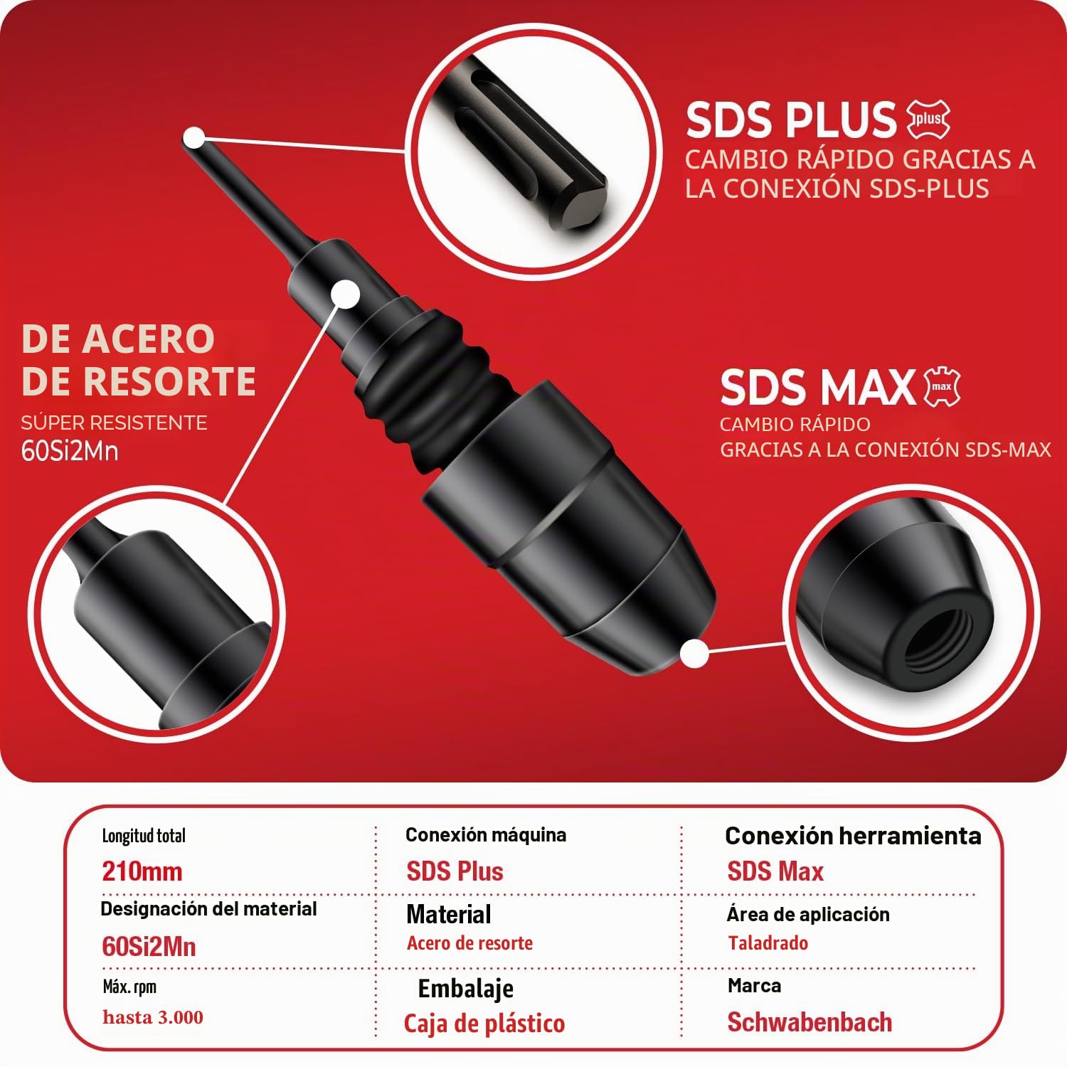 SCHWABENBACH® Adaptador SDS Plus a SDS Max | Convertidor para Usar Brocas y Cinceles SDS Max en Martillos con Conexión SDS Plus - Cincel Albañil