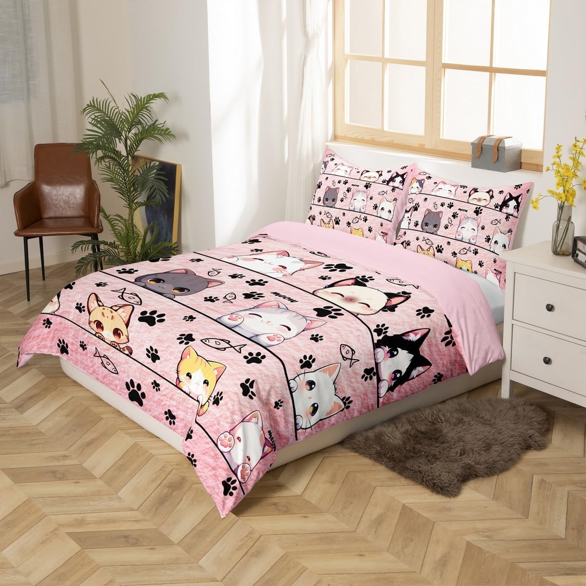 Manfei Kawaii Cat Duvet Cover Cartoon Pet Kitten Pet Bedding Set Cartoon Style Pink Animals Comforter Cover(No Filler) for Boys Girls Kids Room Decor Bedding Set Twin Size with 1 Pillowcase