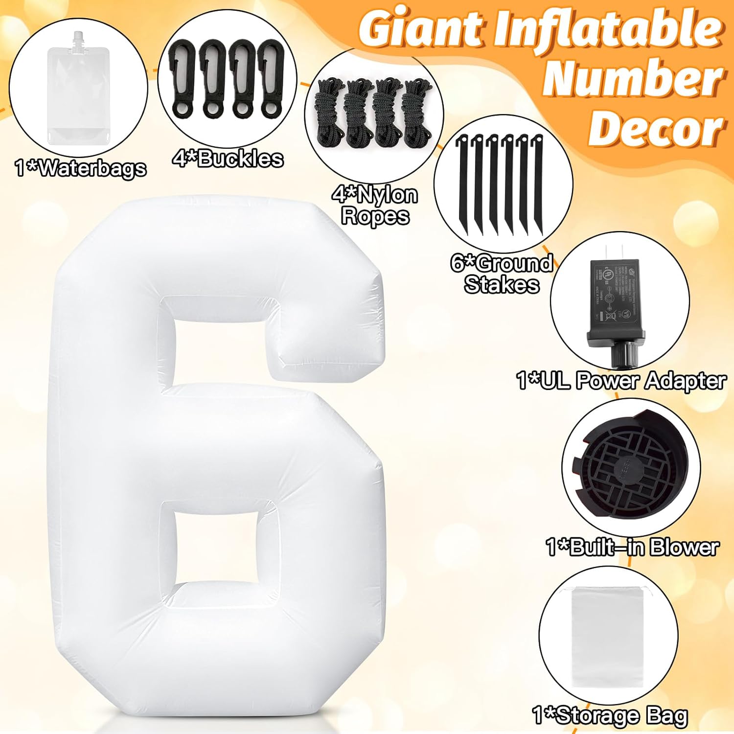 5FT Giant Inflatable Number 6 Decoration, Easy Setup Reusable Blow Up Marquee with Built-in 3 LED, 6th Birthday Party Supplies for Boys Girls, Indoor Outdoor Decor for Anniversary Celebrations