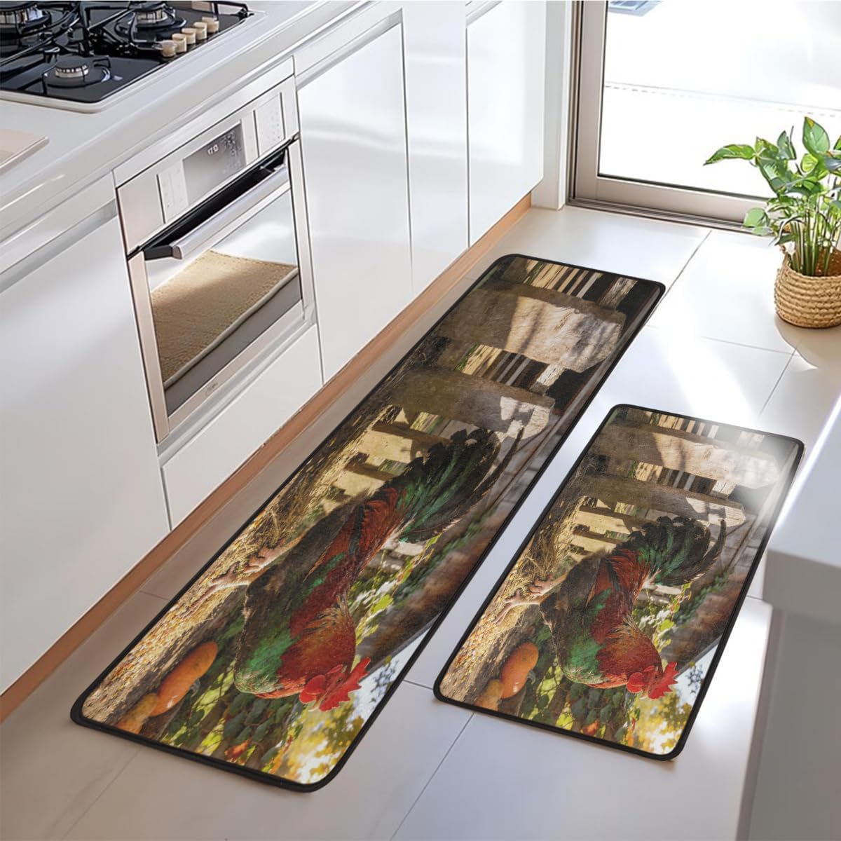 Anti Fatigue Garden Rooster Kitchen Mats for Floor 2 Piece Set, Waterproof Non Slip Boho Kitchen Floor Rugs, Comfort Standing Mat for Sink Laundry & Home Kitchen 17"x47"+17"x29"
