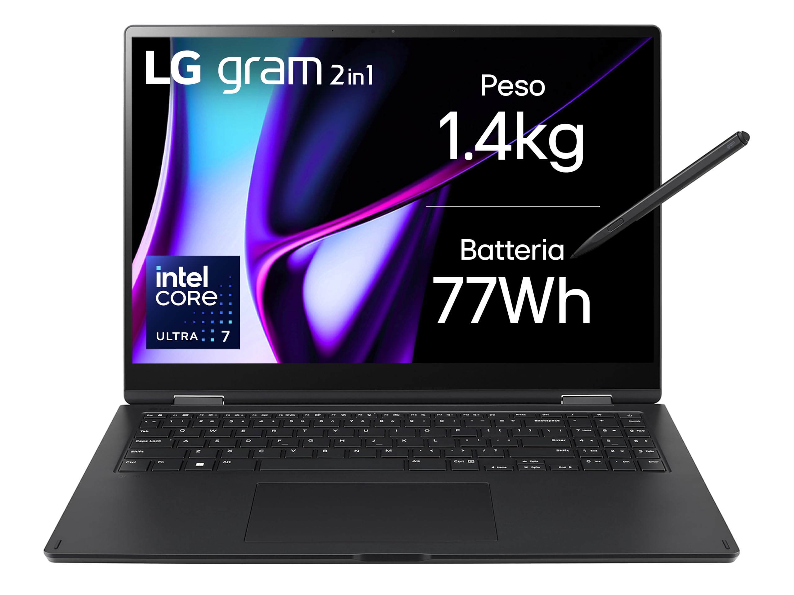 LG gram Pro 2in1 16T90SP Notebook convertibile 16" Touch 2.5K (2560x1600), Intel Core Ultra 7 155H, 16GB RAM, 512GB SSD, Ultraleggero solo 1.4kg, Batteria 77Wh, Windows 11, Tastiera italiana, Nero