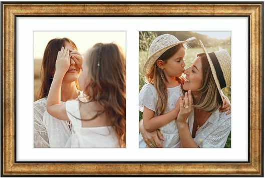Frametory, 12x19 Picture Frame - for Two 8x10 Photos, Two Opening White Mat - Wall Display - Great for Wedding, Graduation, Engagement Photographs - Antique Gold
