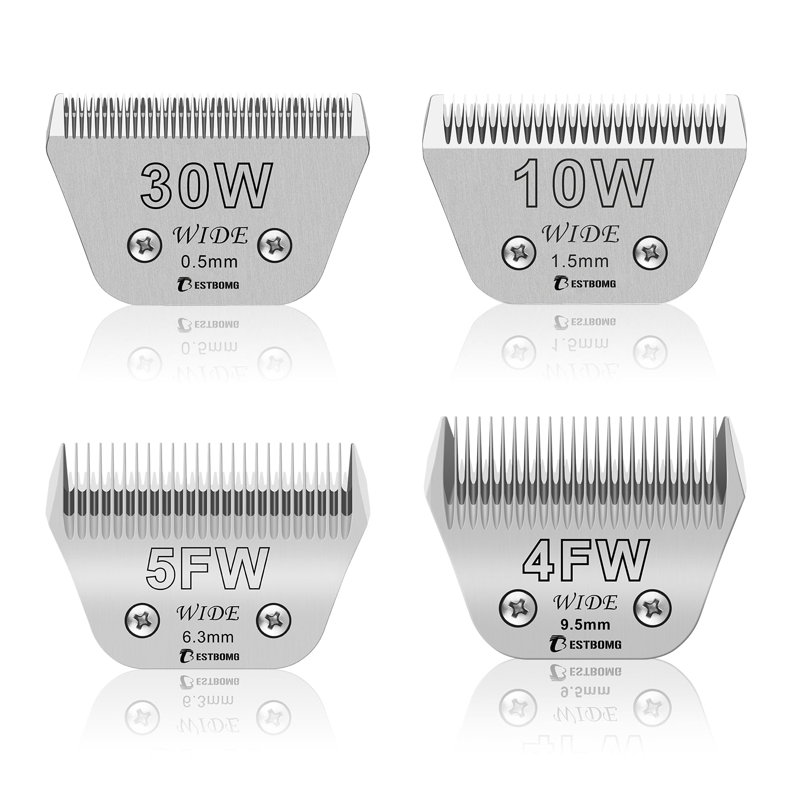 BESTBOMG Size 30W+10W+5FW+4FW Wide Detachable Pet Dog Grooming Blades Kit-Cutting Length 1/50" to 3/8"（0.5-9.5mm）,Compatible with Andis,Oster A5,Wahl km10 Clippers