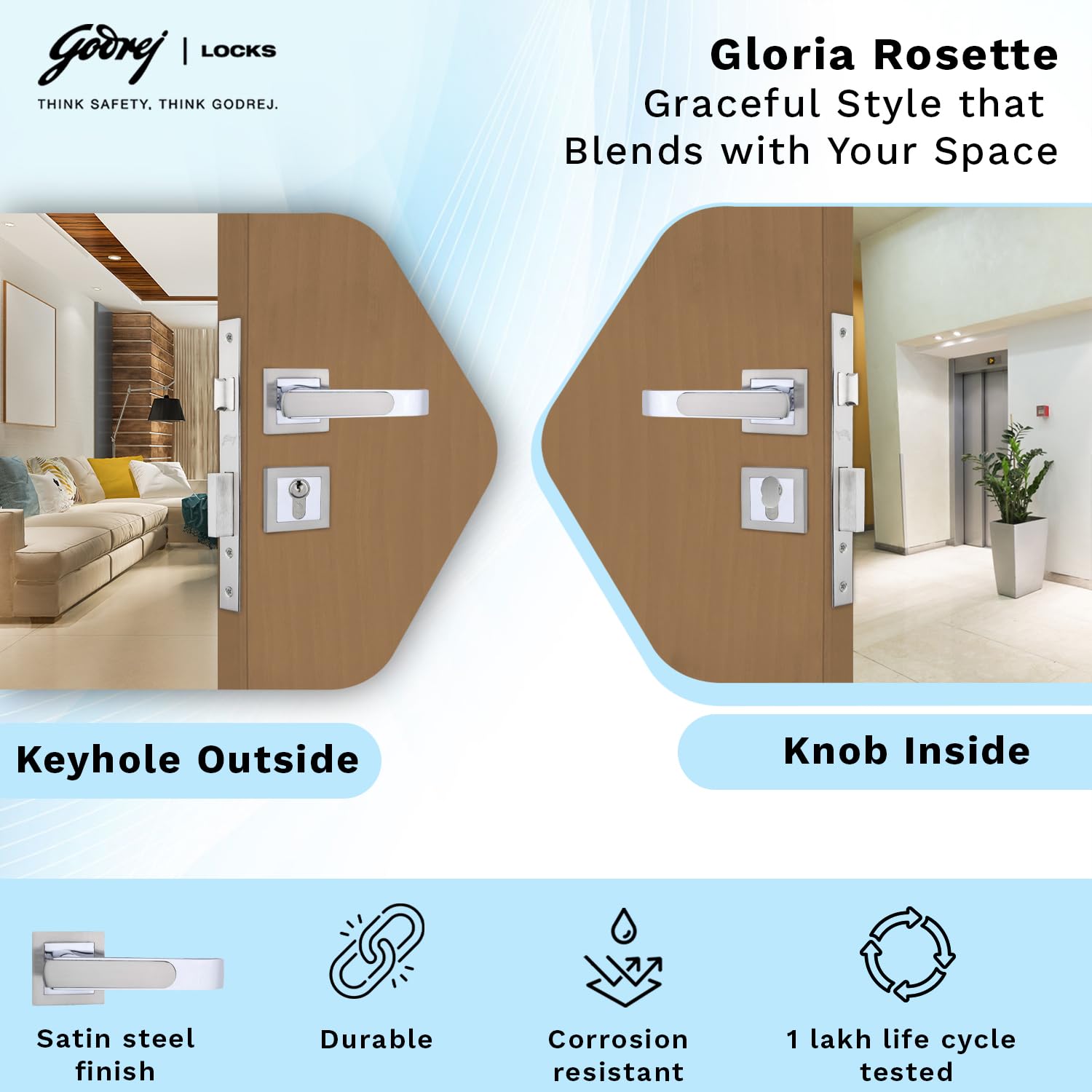 Godrej Mortise Lock | Handle Lock Set for Main & Internal Doors | Gloria Home Décor Handle | Satin Steel Finish | 9 Inch Lockbody | 60mm 1CK Cylinder Knob from Inside Key Outside | 3 Keys — Amazon image 2