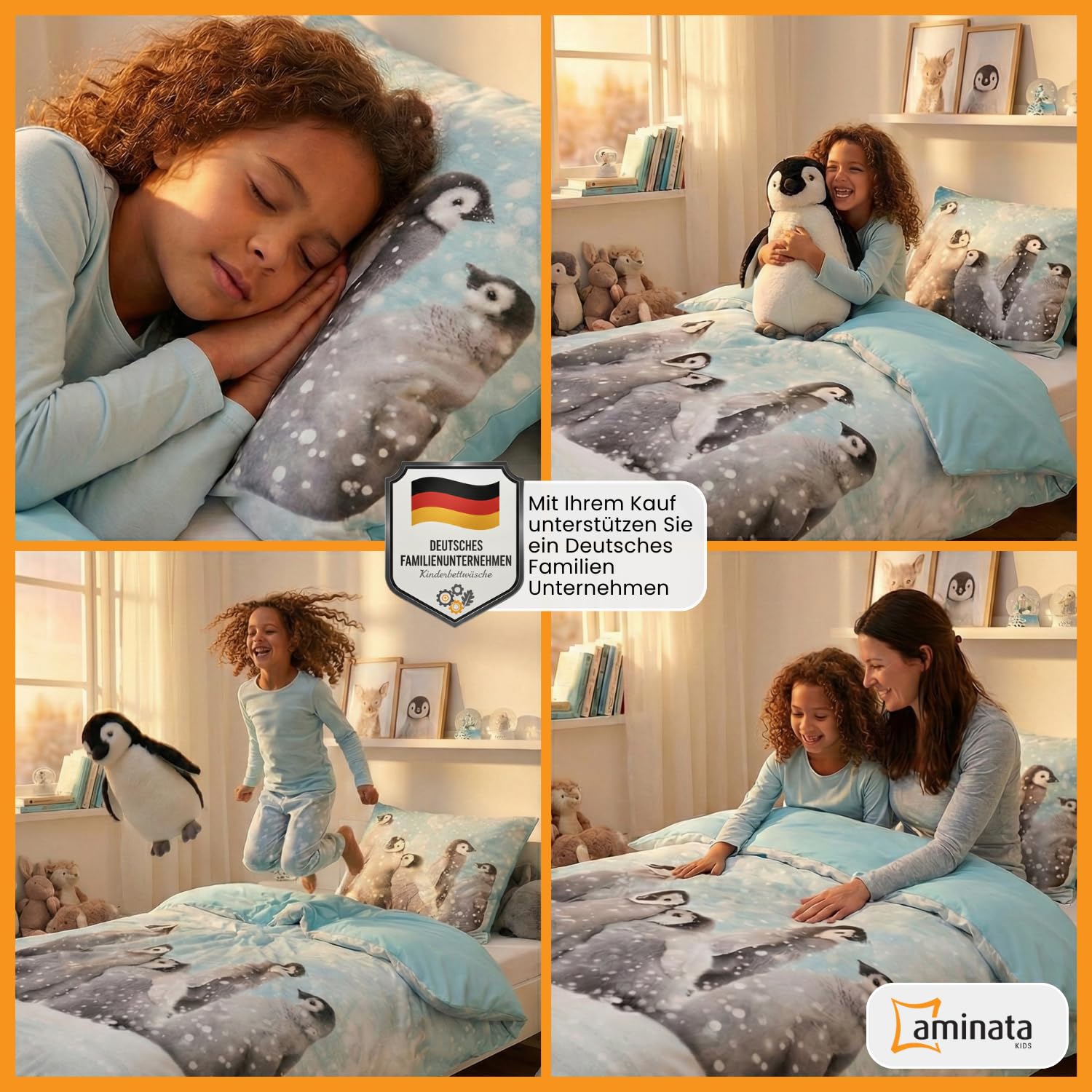 Aminata kids Biber Pinguin Bettwäsche 135x200 cm 100% Baumwolle Petrol