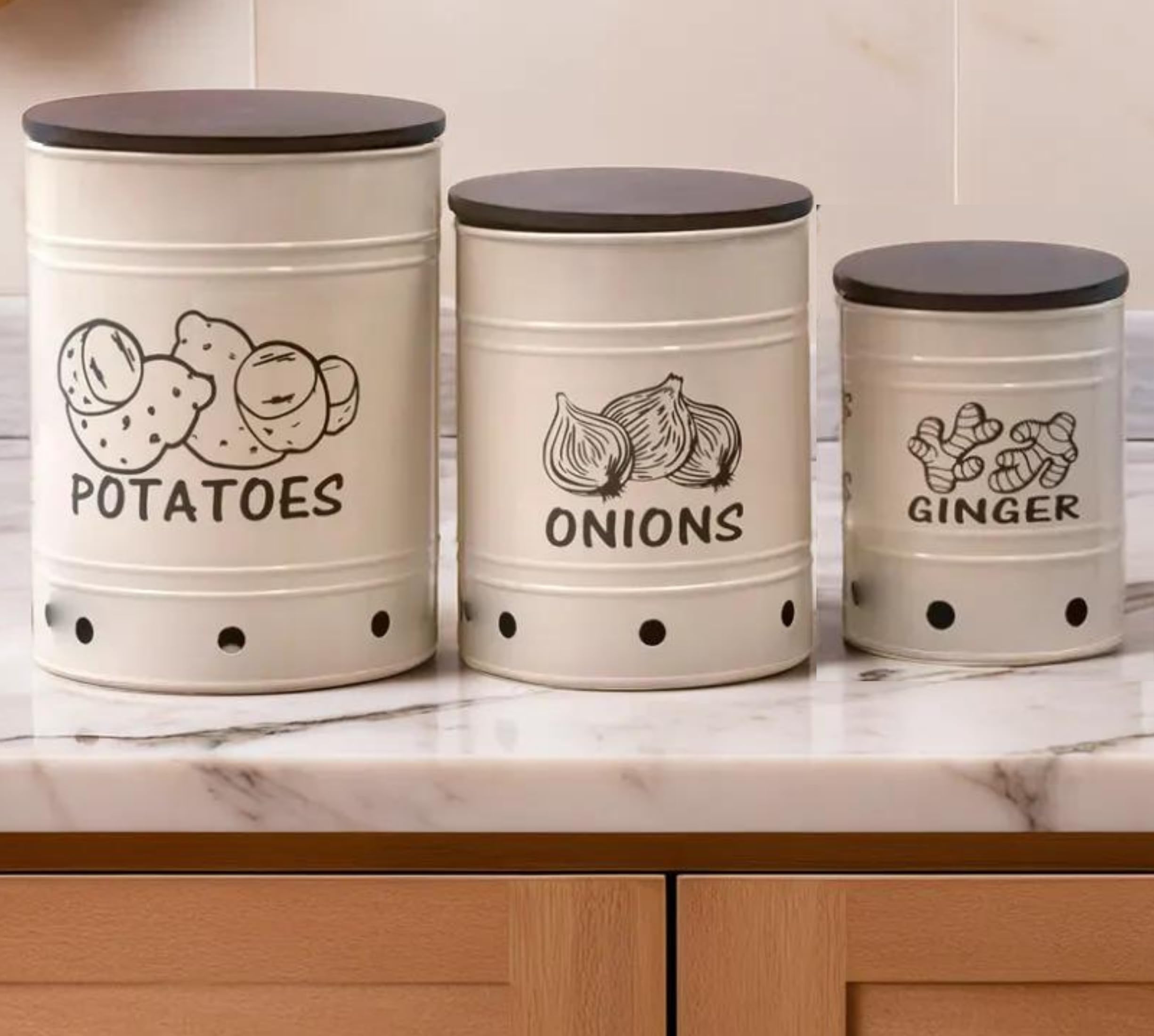 Mindful Craft Metal Potato Onion Ginger Kitchen Canister Combo (Cream, Glossy Ivory, Potato (Xl) And Onion (L), Ginger (S) Keeper 5 Kg, 4 Kg, 2kg Space) - Set Of 3