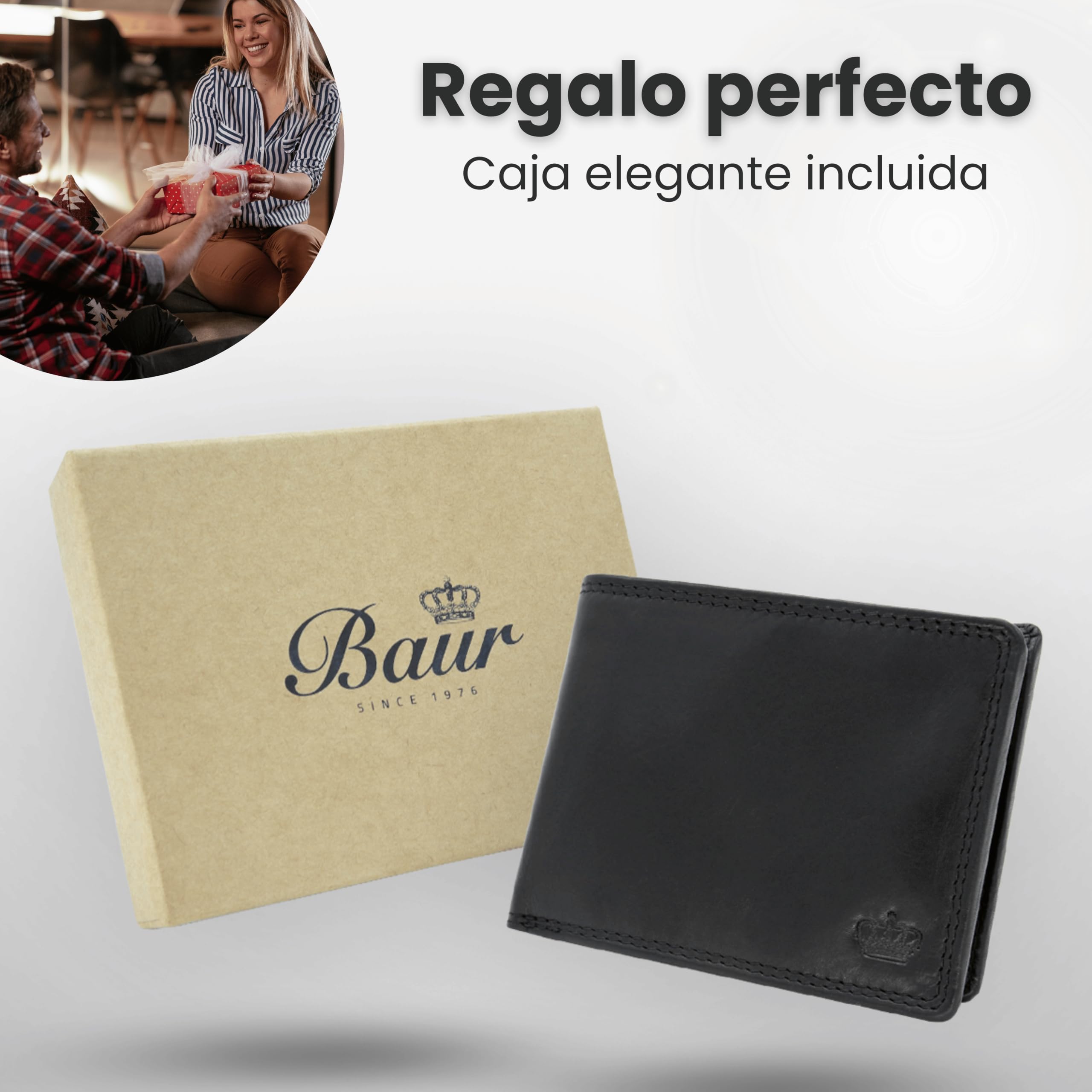 Baur - Cartera de piel auténtica para hombre, con protección RFID, Negro , 12,6cmx9,4cmx2cm, Clásico