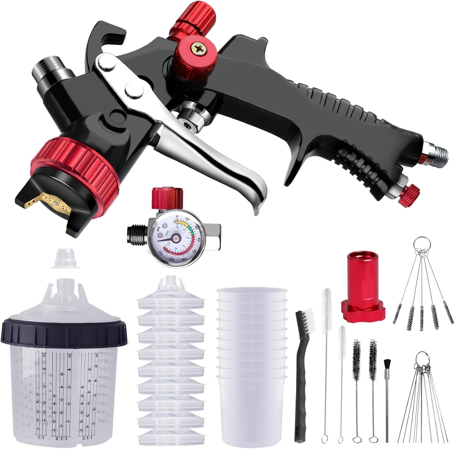 Aflybltol Pistola a Spruzzo Professionale con Bicchiere Miscelatore Rapido, Kit di Pistola a Spruzzo per Verniciare da 1,3MM, Pennelli per Pulizia, Regolatore di Pressione per la Pittura dell'Auto