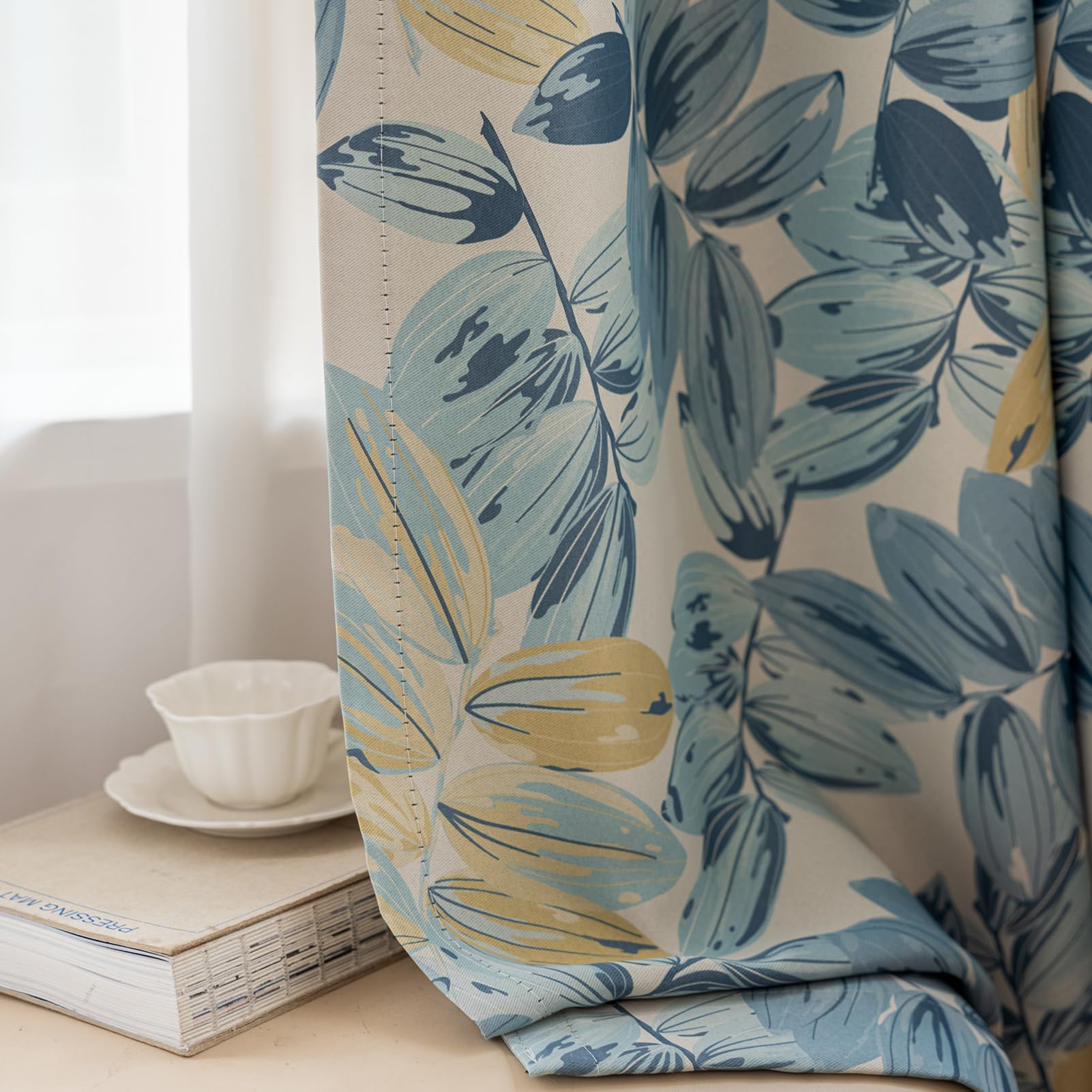 SUOUO Blue Leaf Blackout Curtains for Bedroom Patterned 84 inches Long 2 Panels Room Darkening Window Drapes for Living Room