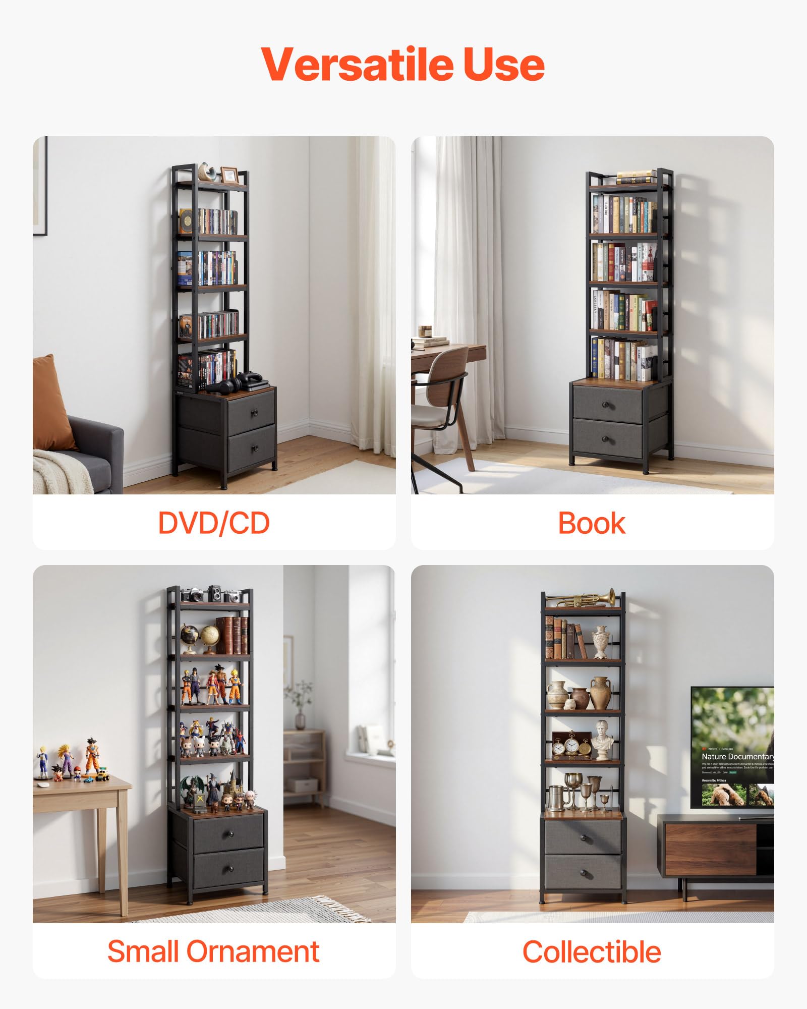 VEVOR Scaffale per CD DVD 4 Ripiani 2 Cassetti Scaffale Multimediale Autoportante 400 x 300 x1435 mm Supporto Porta CD DVD Libri Dischi Giochi Salvaspazio da Soggiorno Ufficio Libreria, Nero