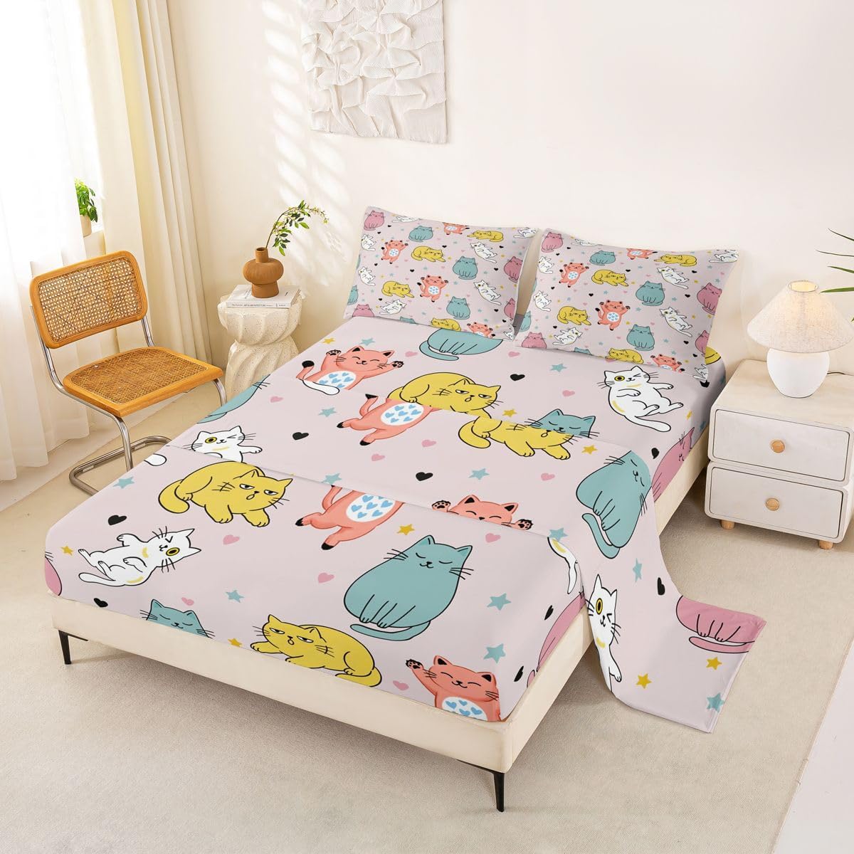 Feelyou Cats Bed Sheets Set Queen Size 4Pcs