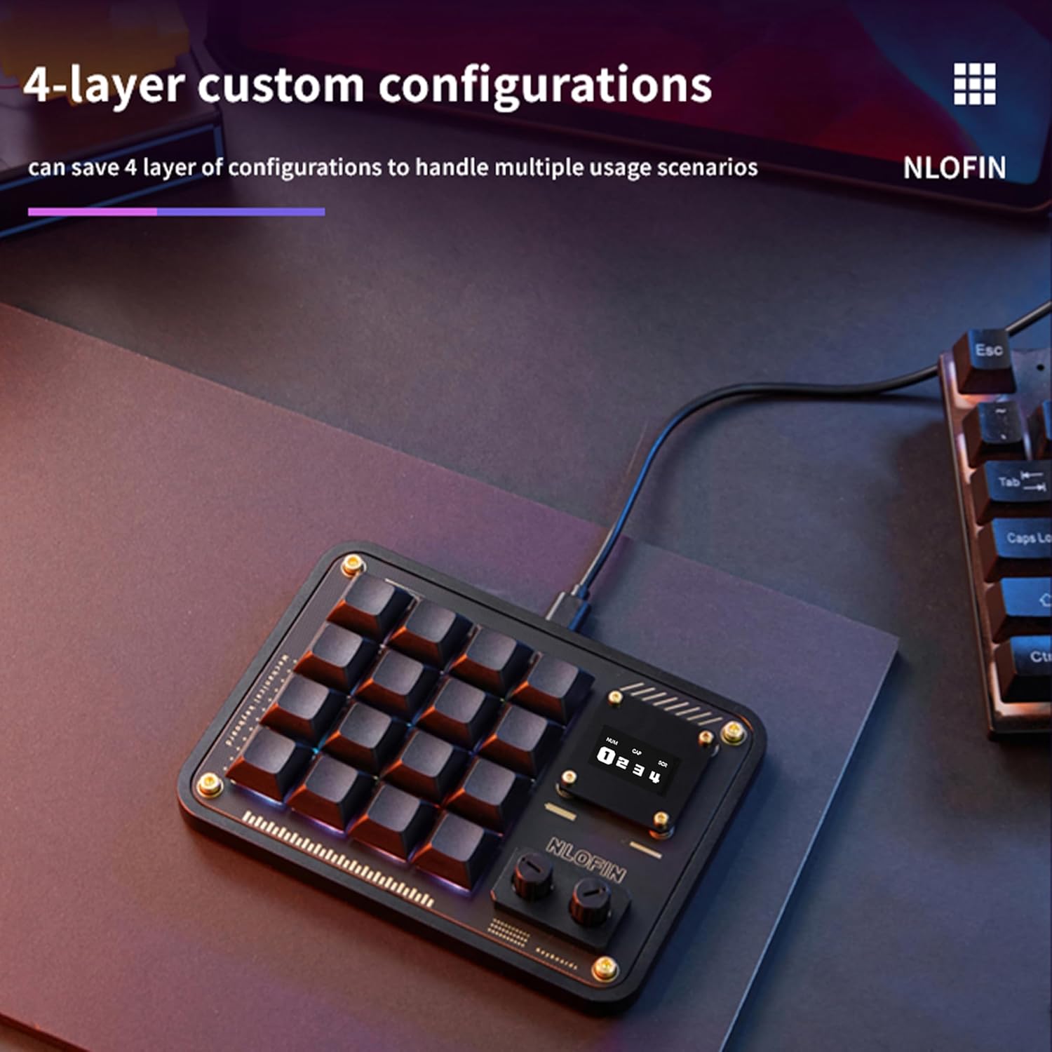 NLOFIN KB16 macro pad displaying its 4-layer custom configuration capability