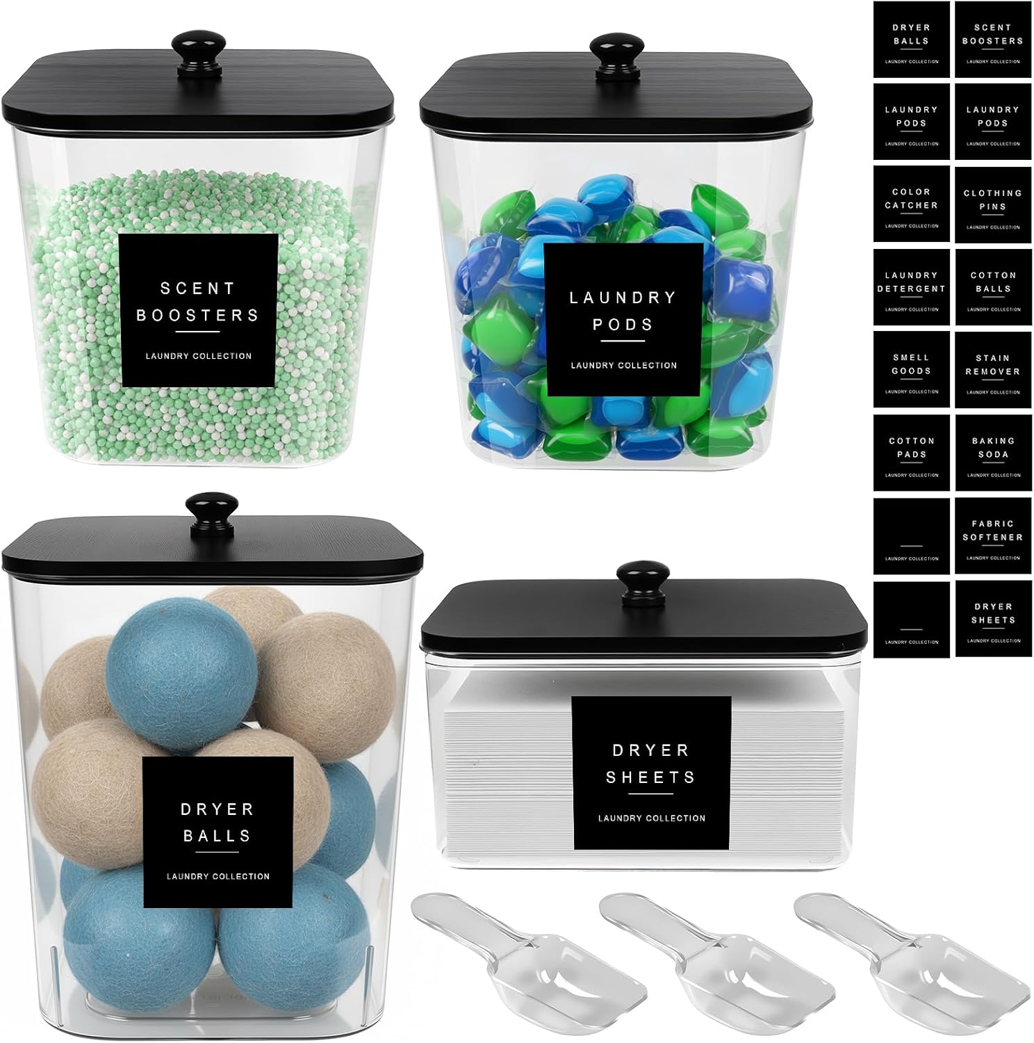 4 Pack Laundry Pod Containers and Dryer Sheet Holder Acrylic Jars with Bamboo Lids and Labels Laundry Room Organization Containers for Scent Booster Powder Detergent Pods Storage