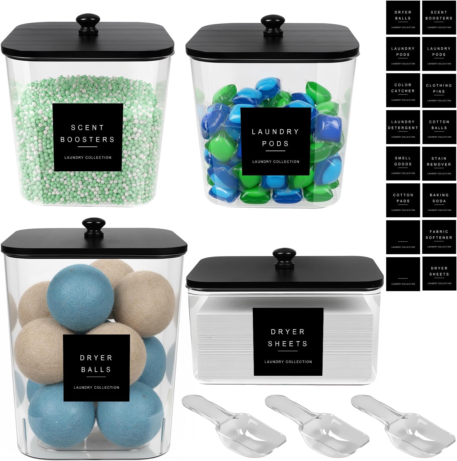 4 Pack Laundry Pod Containers and Dryer Sheet Holder Acrylic Jars with Bamboo Lids and Labels Laundry Room Organization Containers for Scent Booster Powder Detergent Pods Storage
