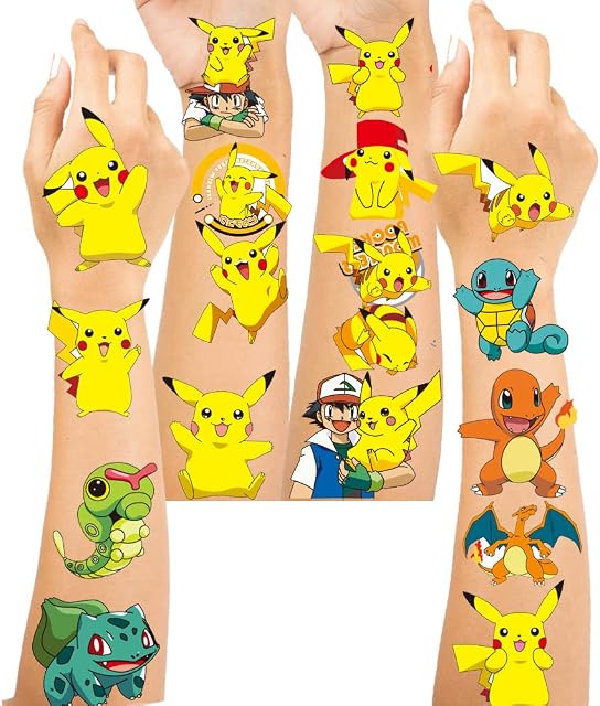 Temporary Tattoos Stickers for Cartoon and Anime(4sheets)Pikachu Temporary Tattoo for Party Favors and School Rewards Gifts