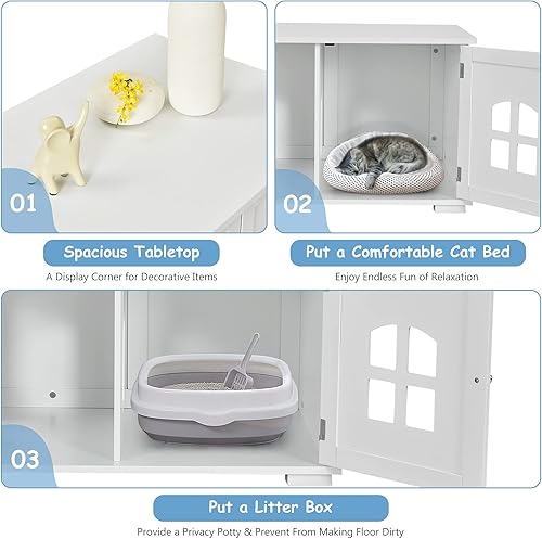 Miniatura 7 de Tangkula Caja de arena para gatos, mesita de noche para gatos con puertas dobles y ventanas, banco de almacenamiento para baño, casa decorativa para