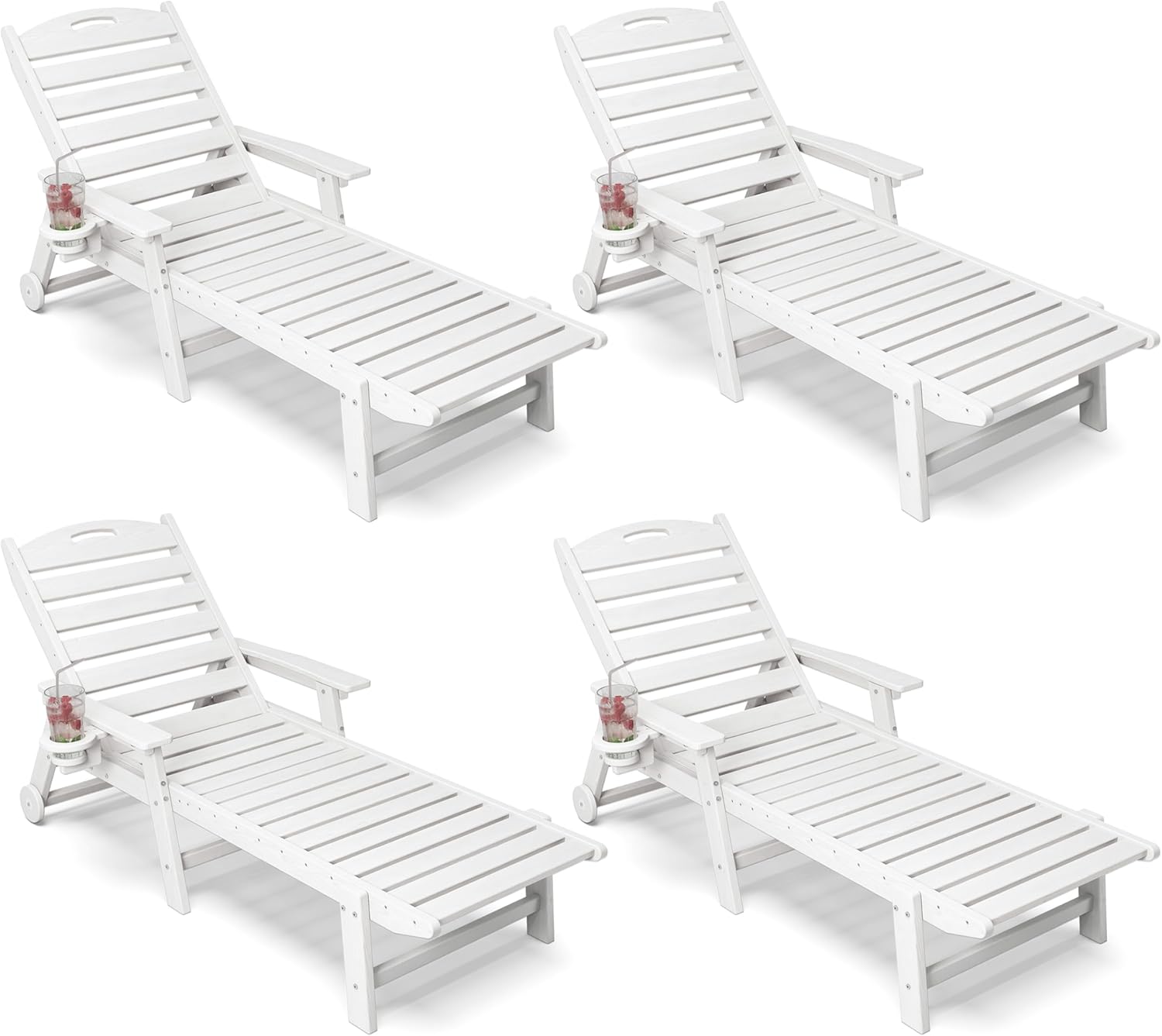 Patio Chaise Lounge Chair Set of 4, HDPE Outdoor Lounge Chairs with 5-Position Adjustable Backrest, Cup Holder and Wheels, 450lbs Capacity for Poolside Deck Backyard, All Weather Material(White)