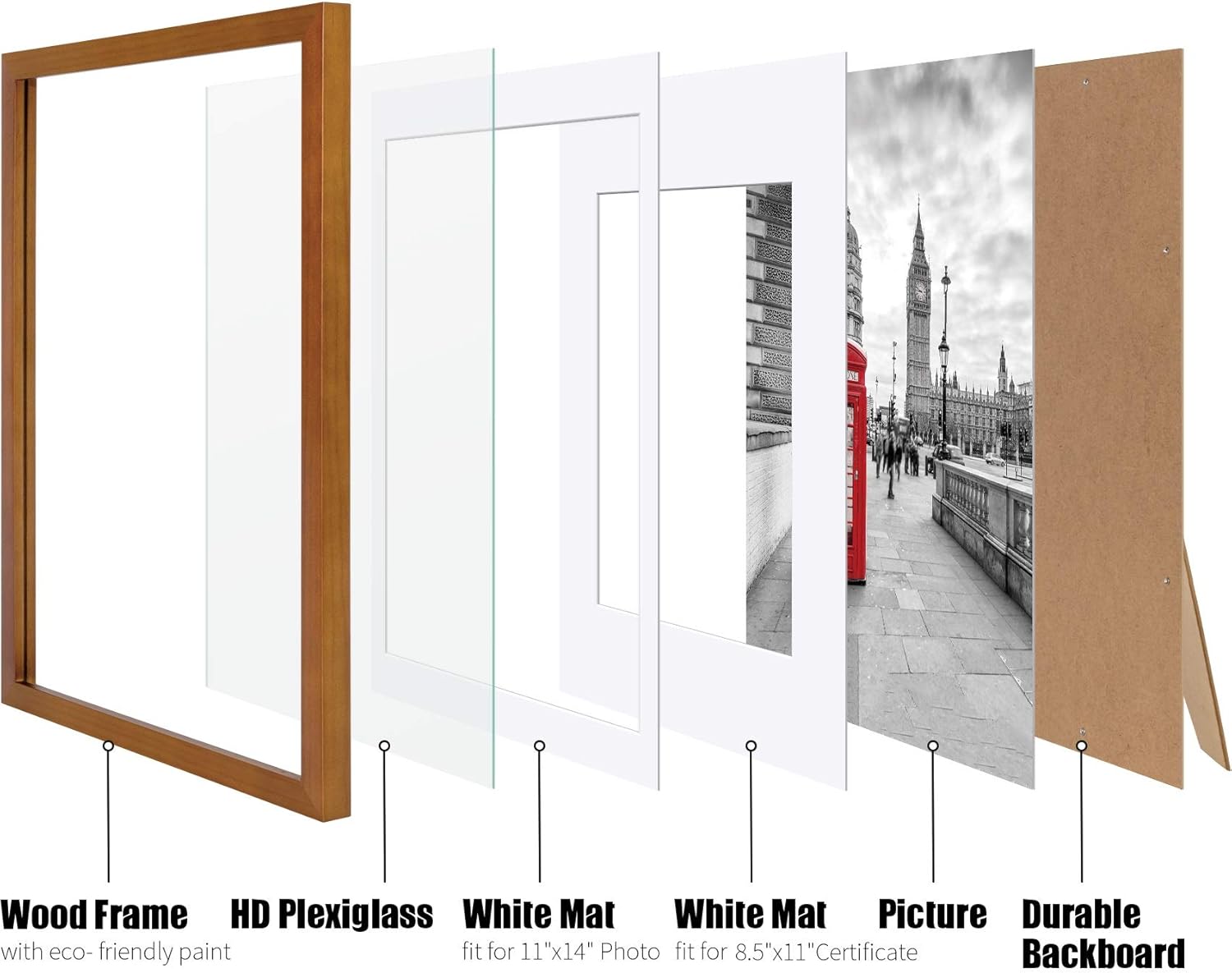 12x16 Picture Frames Wood Display Pictures 11x14 or 8.5x11 Diplomas with Mat or 12x16 Frame without Mat - Picture Frames 11x14 with 2 Mats, Made of Solid Wood for Wall Mounting or Table Top Display