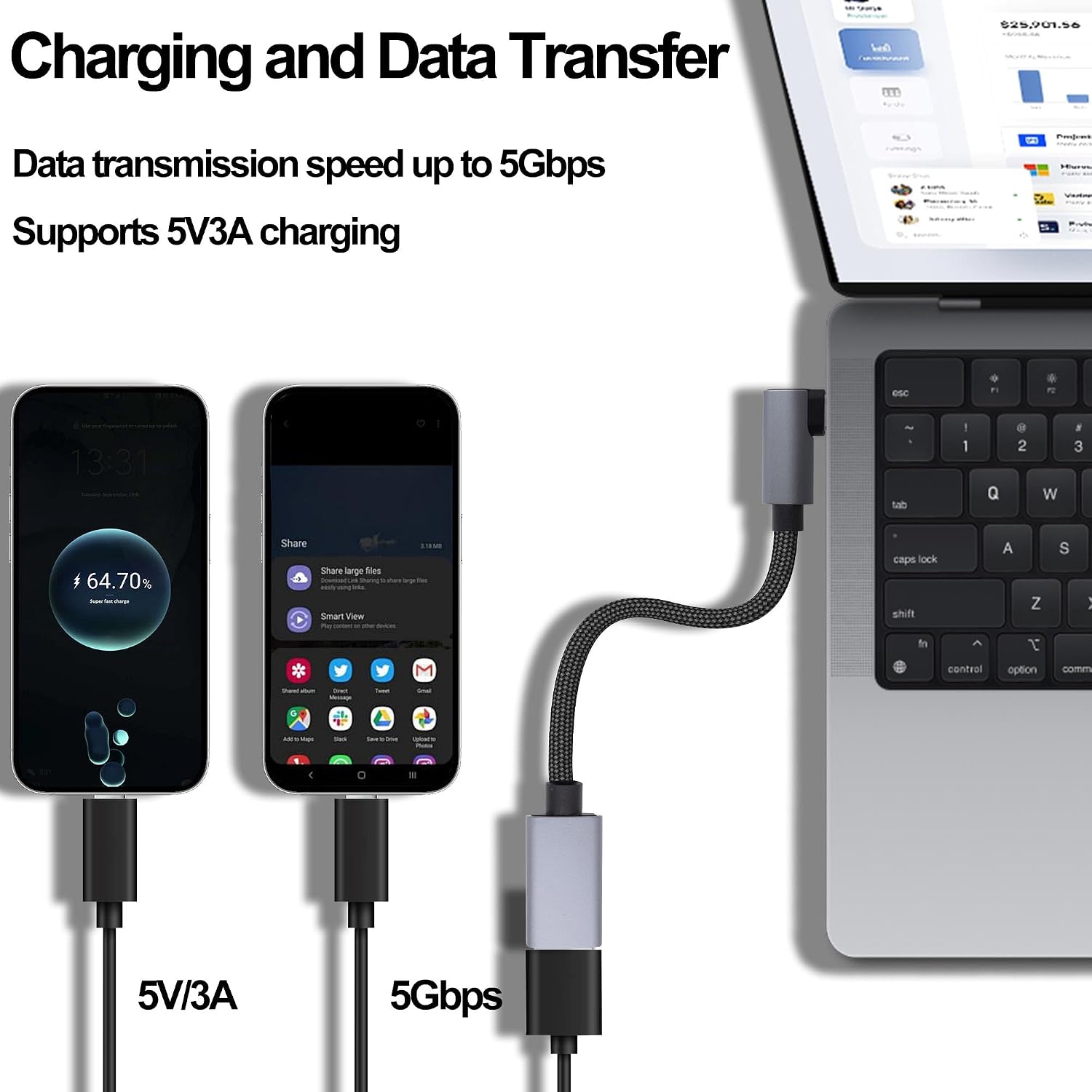 USB3.0 to Type-C OTG Adapter Cable 5GB Right Angled USB C Male to USB A Female Charge Data Transfer Connector Cable for Phone Laptop Tablet -30CM/1FT, 2 Pack (Left/Right Angle)
