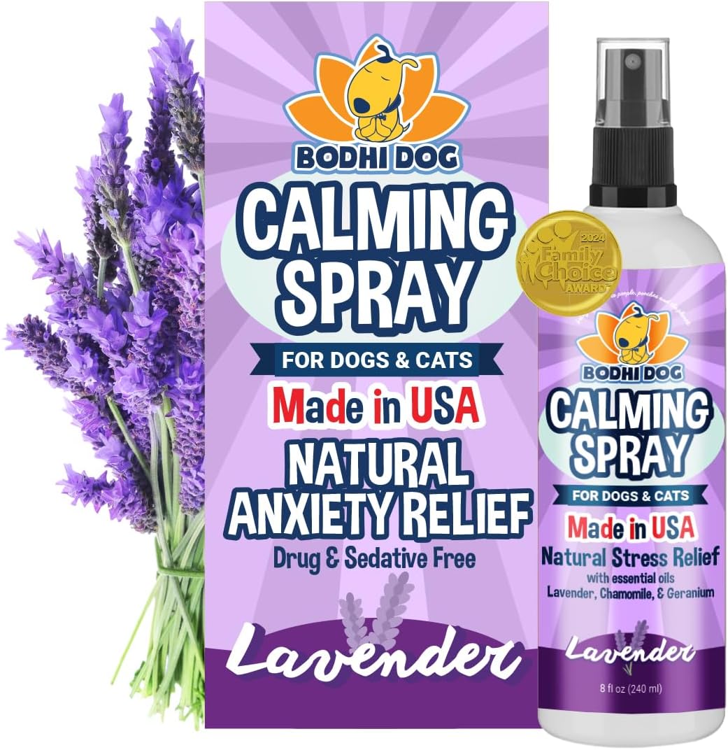 Calming Spray for Dogs & Cats - Natural Dog Anxiety Relief for Travel, Fireworks & Vet - Cat Calming Spray & Detangler with Lavender - Made in USA (8 oz)