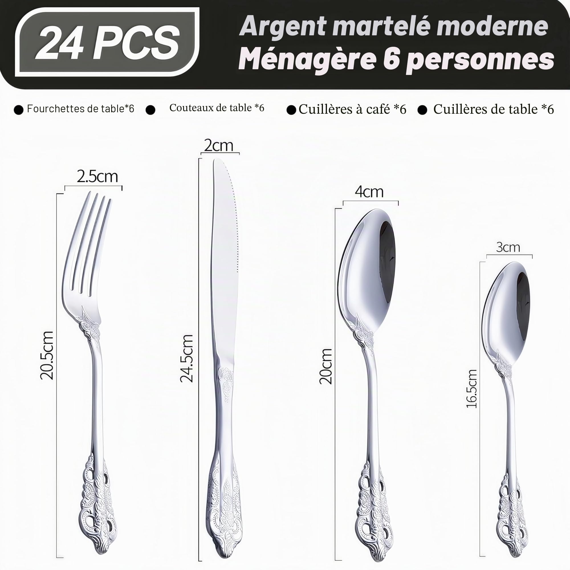 Lot de 24 couverts style cour en acier inoxydable 18/10 - Couteau, fourchette, cuillère - Couverts en argent vintage pour 6 personnes - Couverts argentés vintage pour la maison, le restaurant, la fête