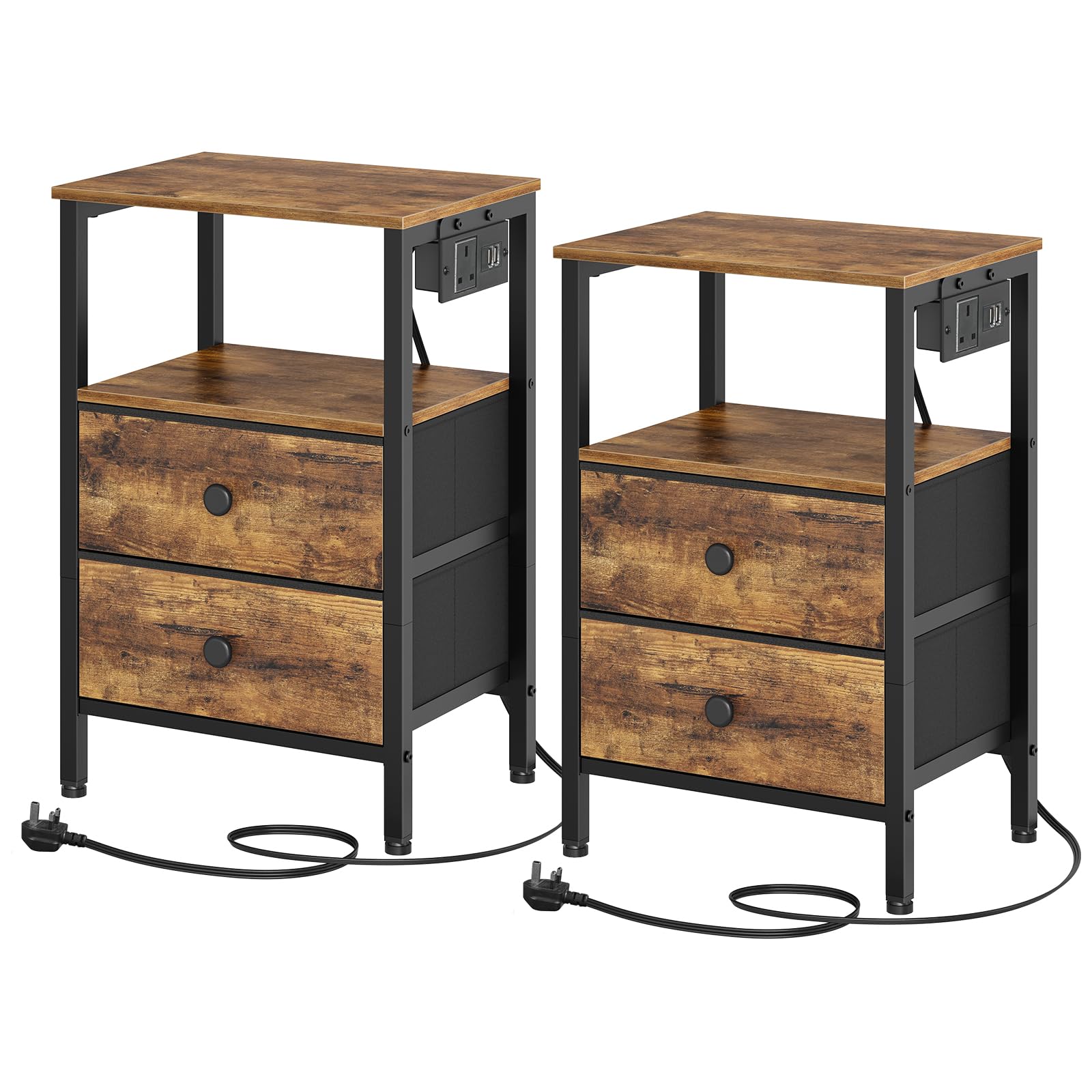 YATINEY Bedside Tables with Charging Station, Set of 2, Nightstands with 2 Drawers and 2 Shelves, End Tables with Outlet and USB Ports, for Living Room, Bedroom, Rustic Brown XET02L2KBRY1