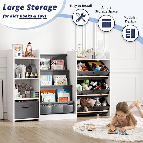 Miniatura 5 de Organizador de libros de juguetes para niños, estantería grande con 7 contenedores extraíbles, estantería para bebé y almacenamiento de juguetes,