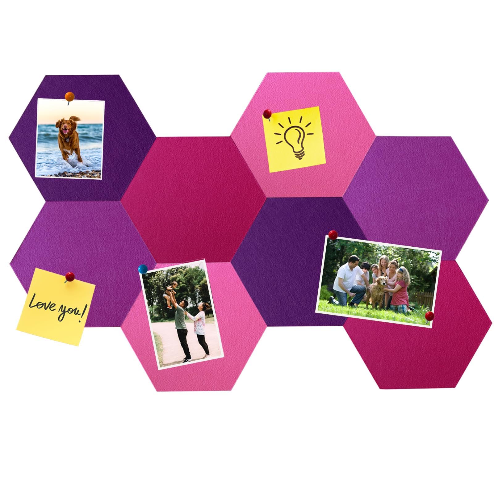 8 tableros de corcho de fieltro hexagonales, autoadhesivos, para oficina, escuela, hogar, decoración de pared, pegatinas, notas, fotos(Morado degradado)