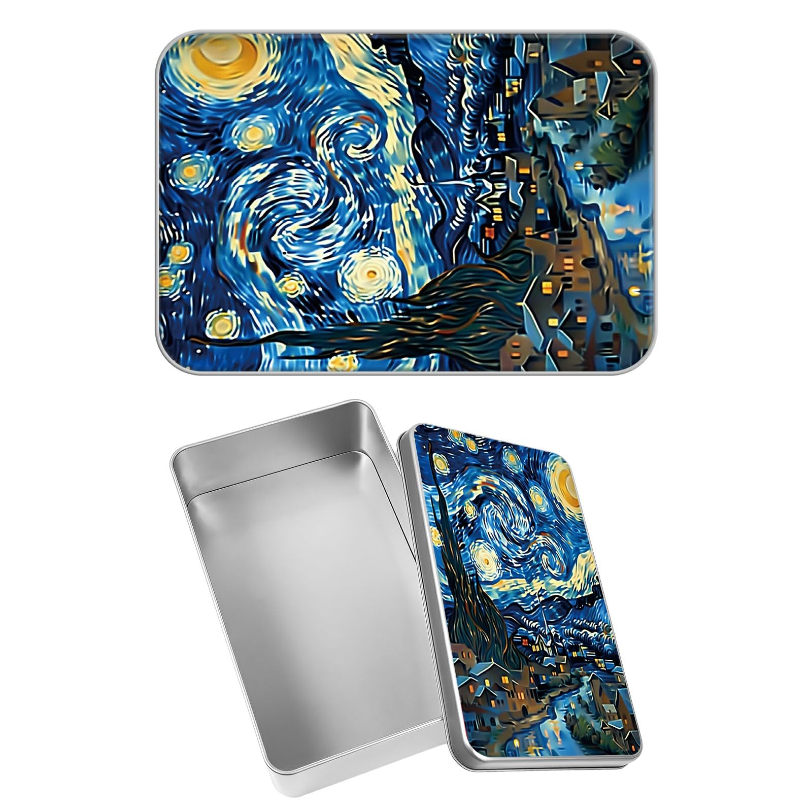 Rectangular Metal Tin Box with Removable Lid, Starry Sky Decorative Printed Metal Storage Container for Jewelry Pen Eraser Pill Candy Craft 4.9 x 3.54 x 1.57 inch– Single Pack