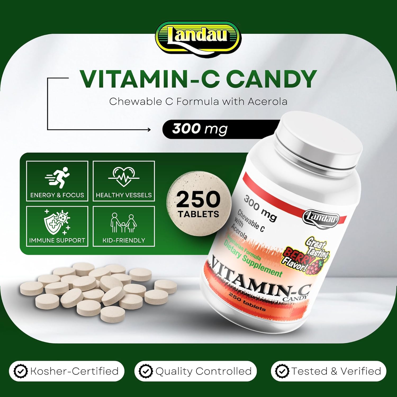 Landau Chewable Vitamin C Candy 300 Mg. Great Tasting Berry Flavor (250Count)