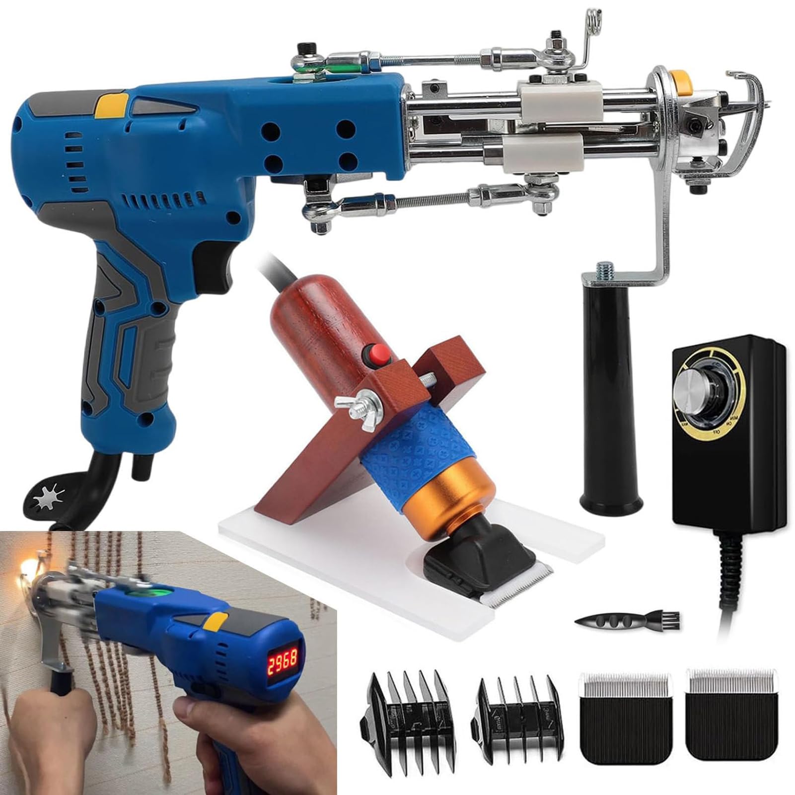 JIMINHUIXIN 2-in-1 Tufting Gun and Shears Set, Digital Display Carpet Weaving Equipment, Adjustable 1000-6000 RPM, Non-Contact Brake, LED Light for Accurate DIY Projects