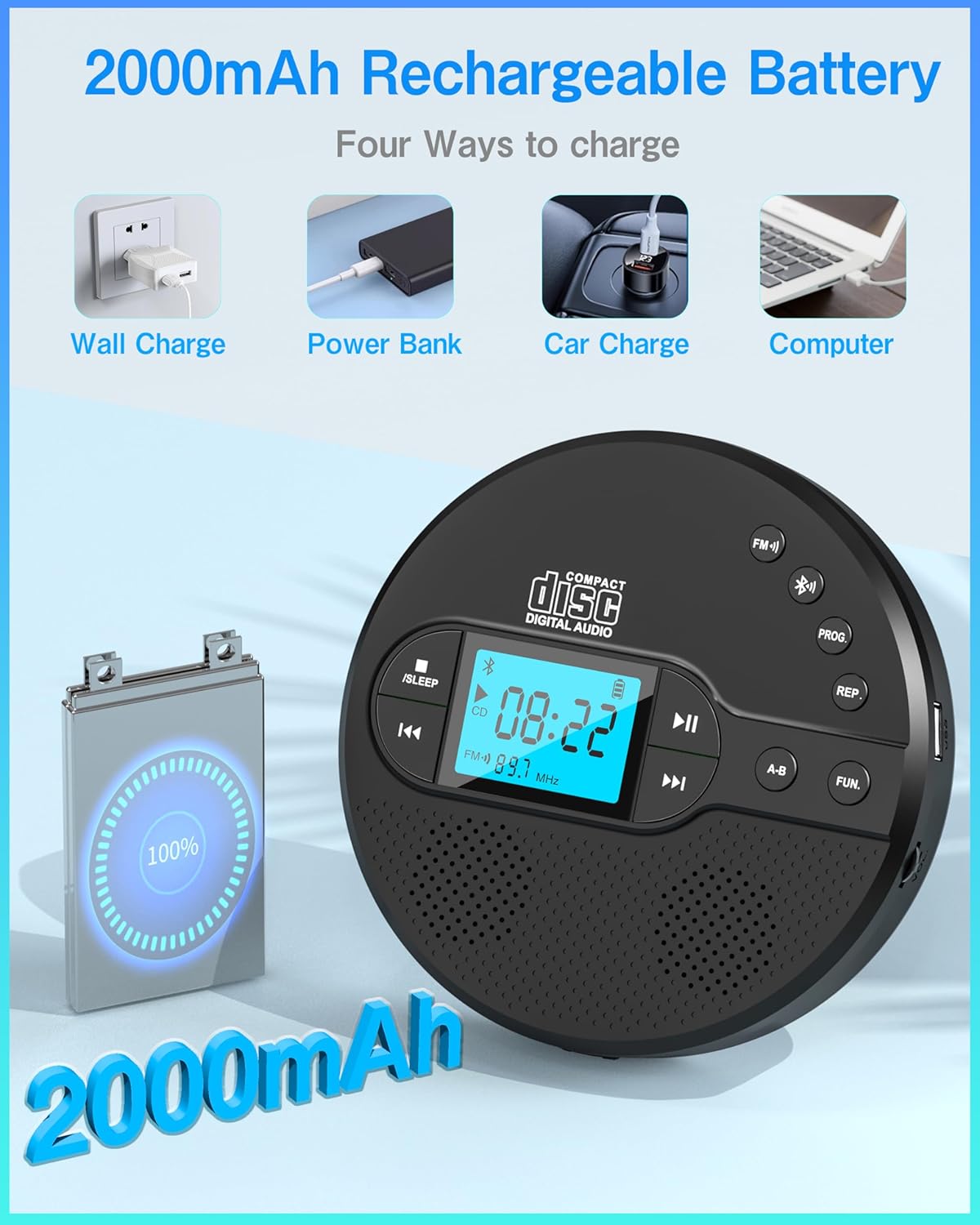 Portable CD Player with Bluetooth, CD Player with FM Transmitter and Speakers for Car, Rechargeable CD Player with Anti-Skip Protection, Headphones, LCD Display