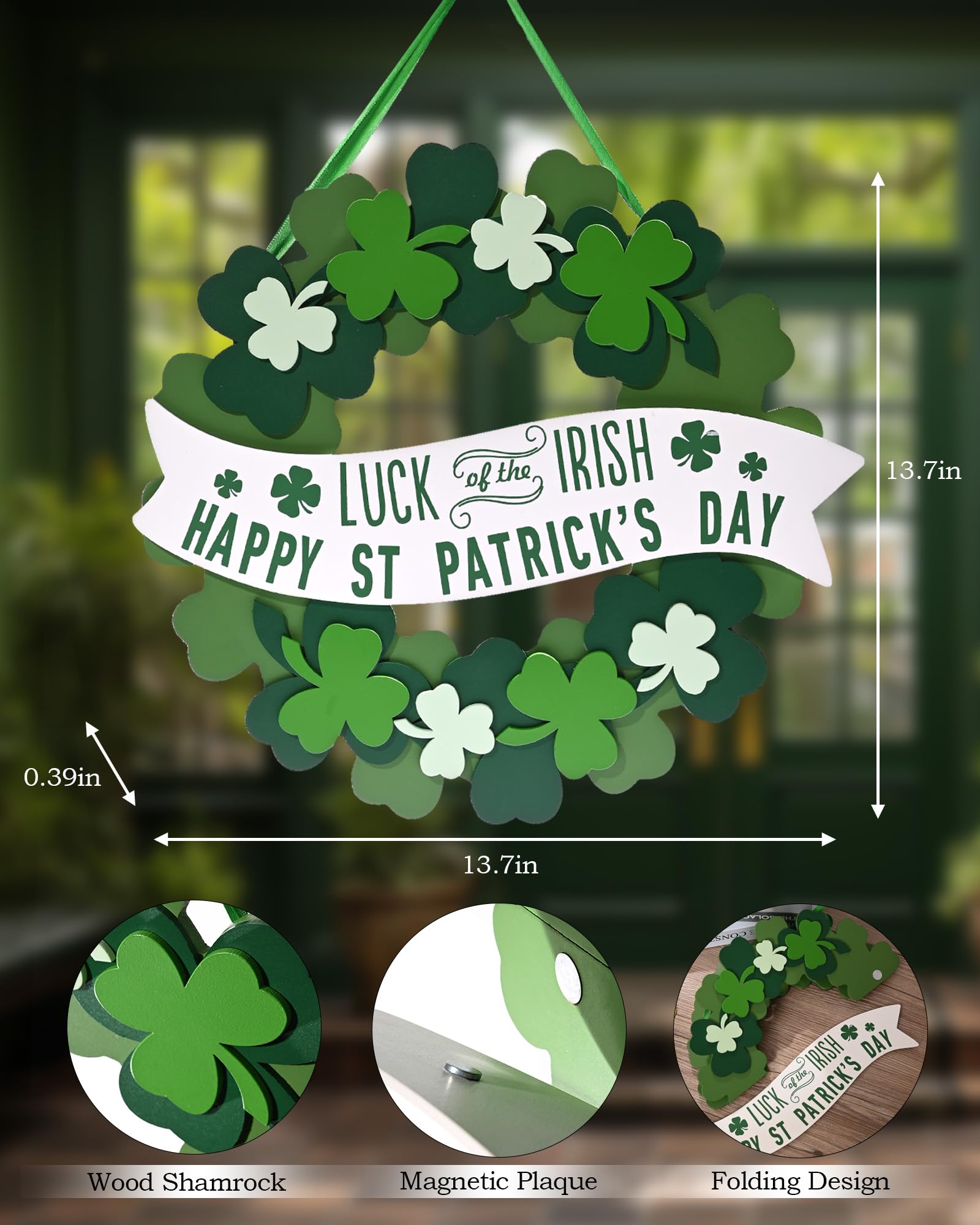 DN DECONATION St Patrick’s Day Wreath, Artificial Green Shamrock Wreath for Front Door, Wooden Wall Hanging Clover Wreath Sign with 3D Design, Lucky Irish Wreath for Spring Holiday Decor