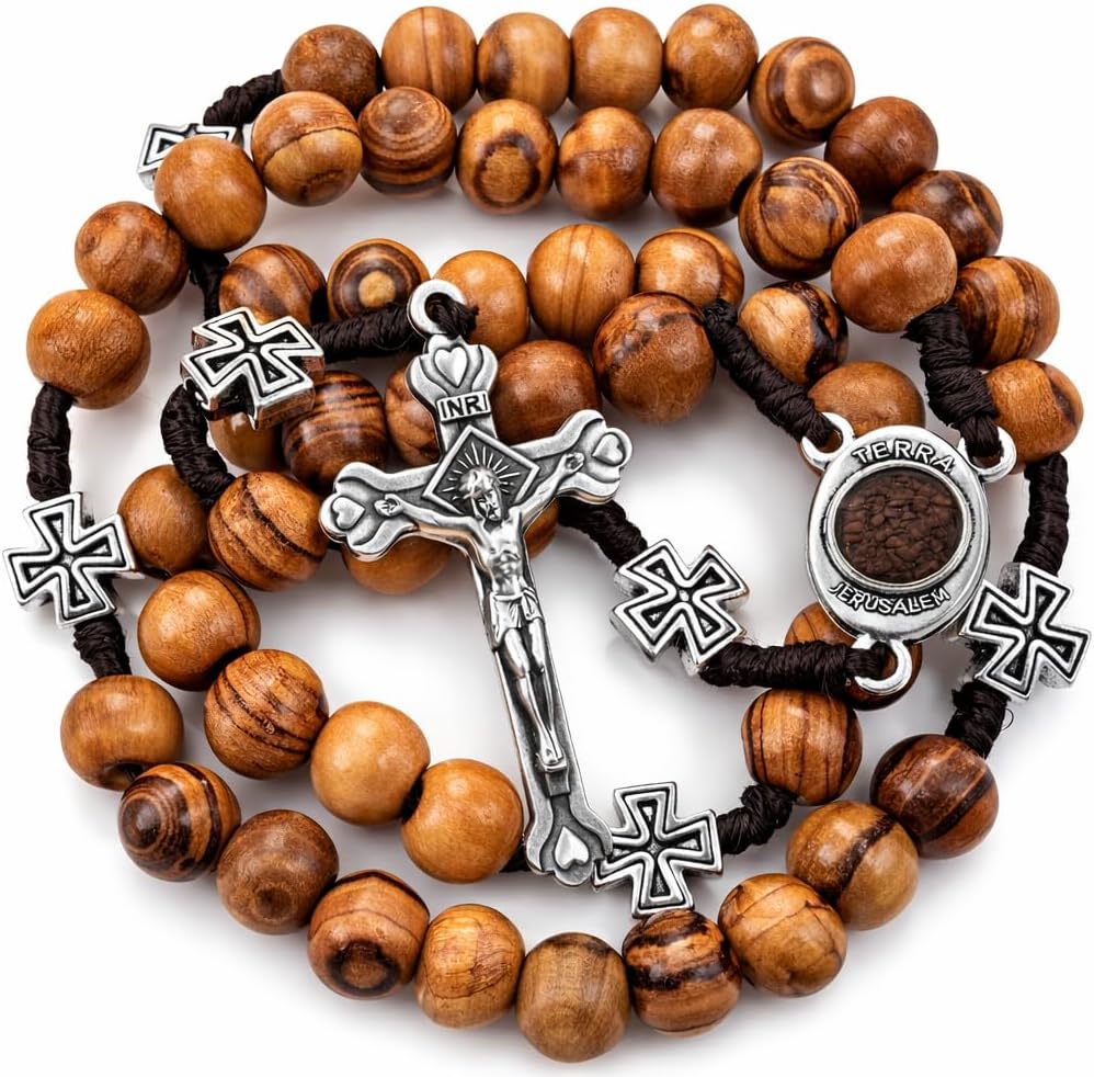 TALISMAN4U Olive Wood Catholic Rosary Prayer Beads with Jerusalem Holy Soil Centerpiece & Certificate Blue Velvet Rosary Pouch, Wood