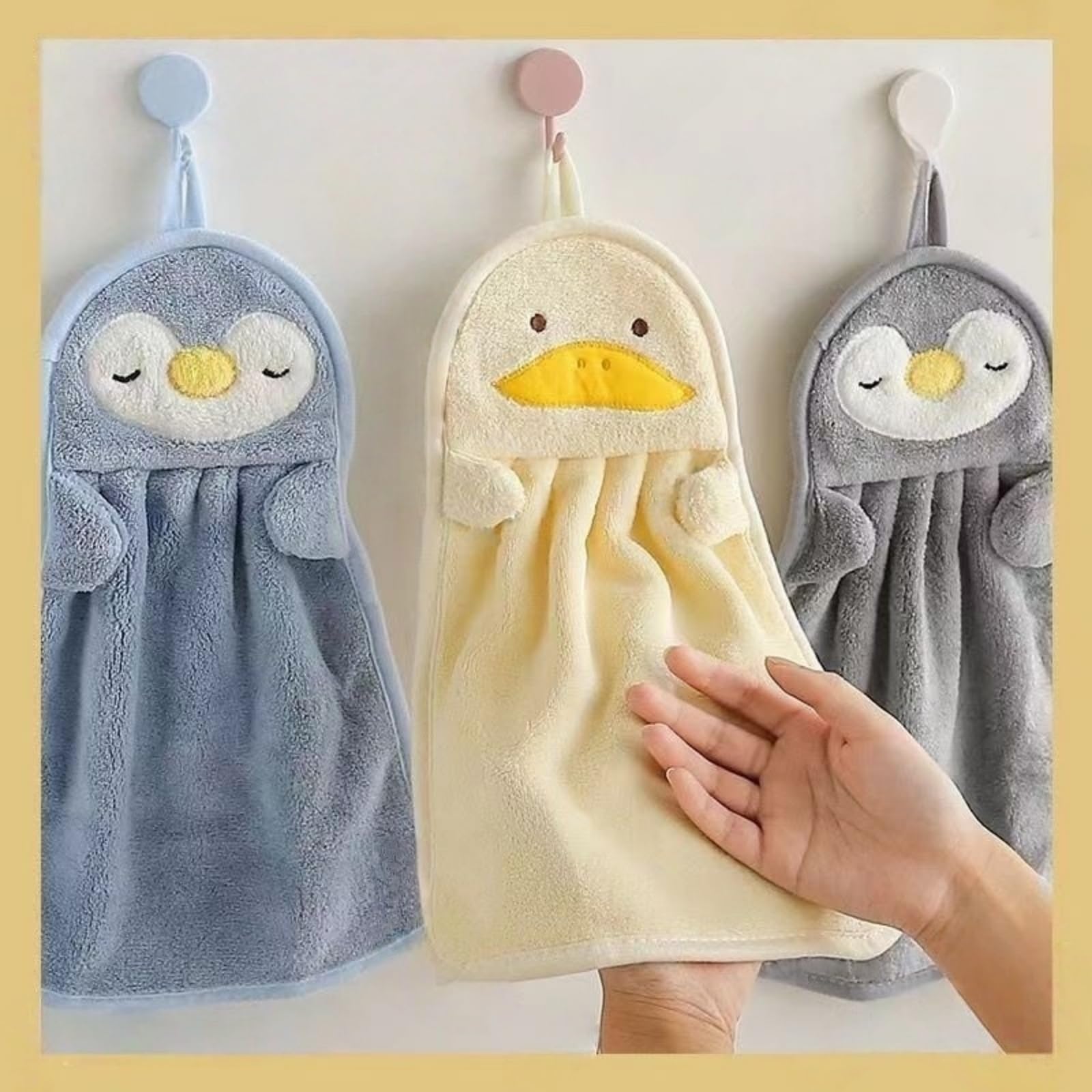 Photo 1 of 3PCS Animal Hand Towels - 14.5" x 9.8" Penguin & Duck Design with Hanging Loops | Super Soft for Kitchen, Bathroom (Grey/Blue/Yellow)?