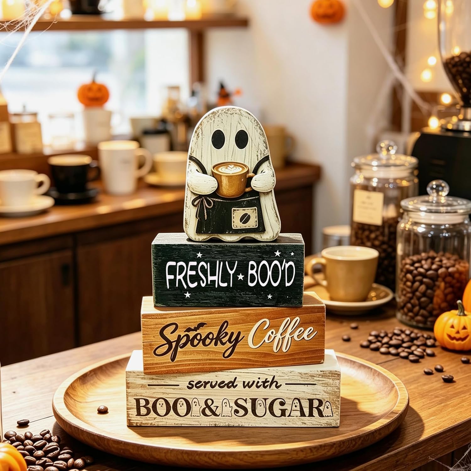 4 Pcs Halloween Table Decor - Halloween Coffee Ghost Wooden Decor, Farmhouse Rustic Stackable Tiered Tray Sign, Cute Halloween Coffee Bar Table Centerpieces for Home Kitchen Office Desk Mantel Indoor