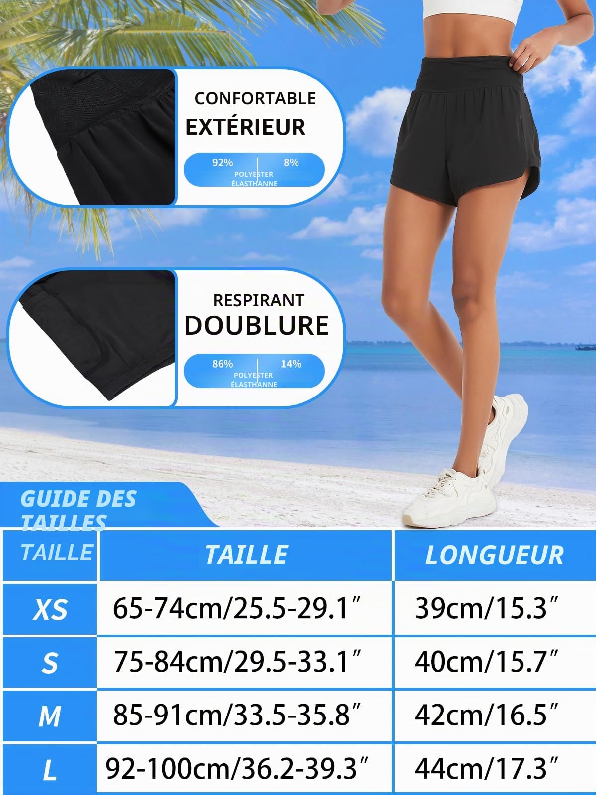 Short de course 2 en 1 pour femme avec poche zippée - Short de bain pour entraînement yoga jogging