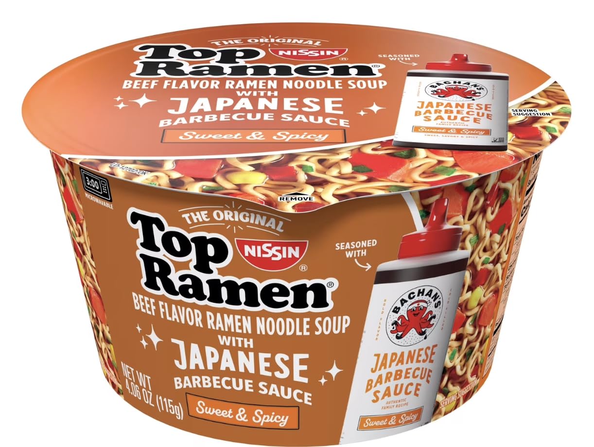 Jae's Warehouse Ramen Bowl, Beef Flavor Sweet & Spicy Japanese Barbeque Sauce, Microwavable Bowl, 3.28oz. (12-Pack)~Includes Jaes Tote Bag & Topflappen