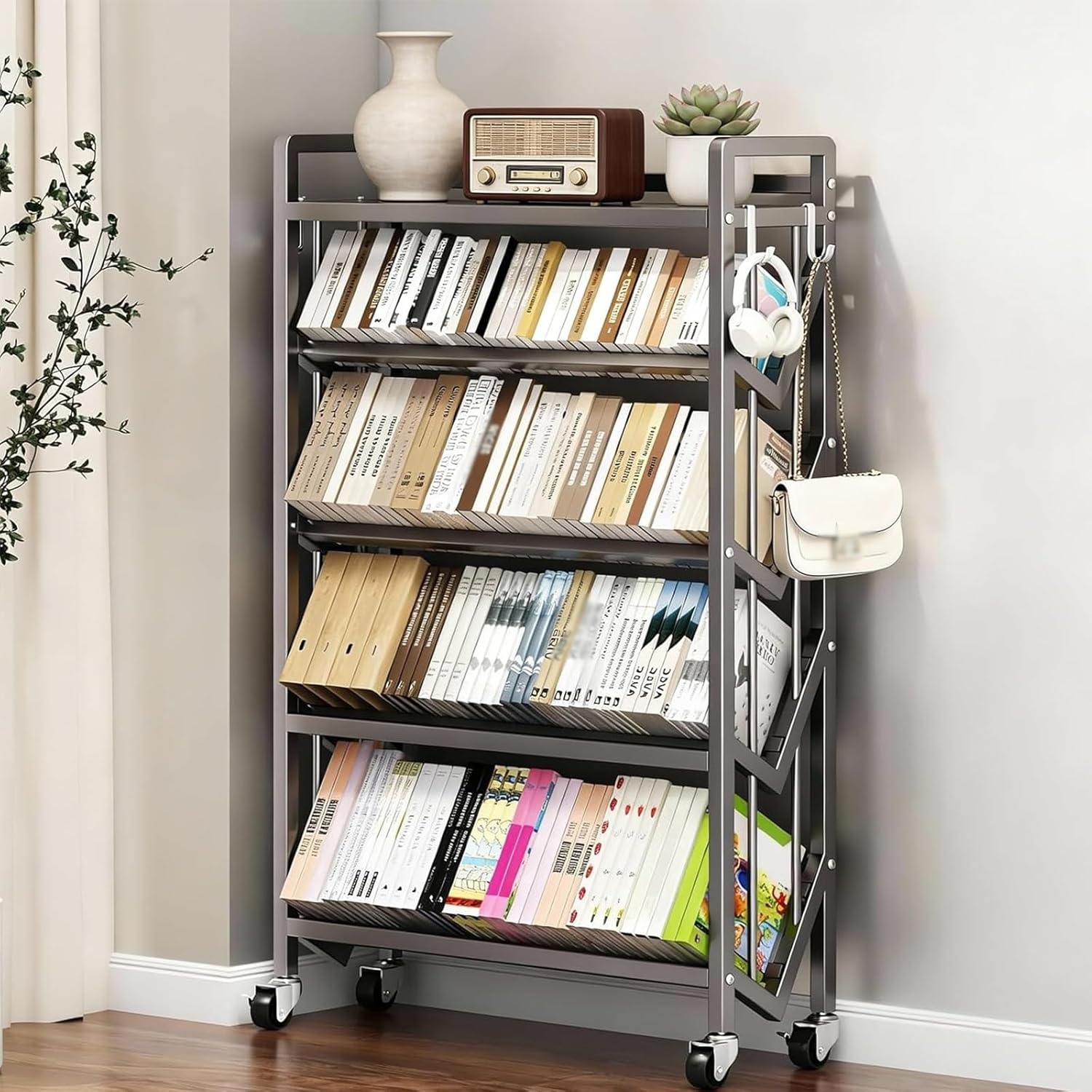 Rolling Library Book Cart, Large Capacity Movable Bookshelf Organizer Rack with Wheels, Carbon Steel Storage Shelf with Anti-Slip Partition for Home Office School(5 Tier-50cm)