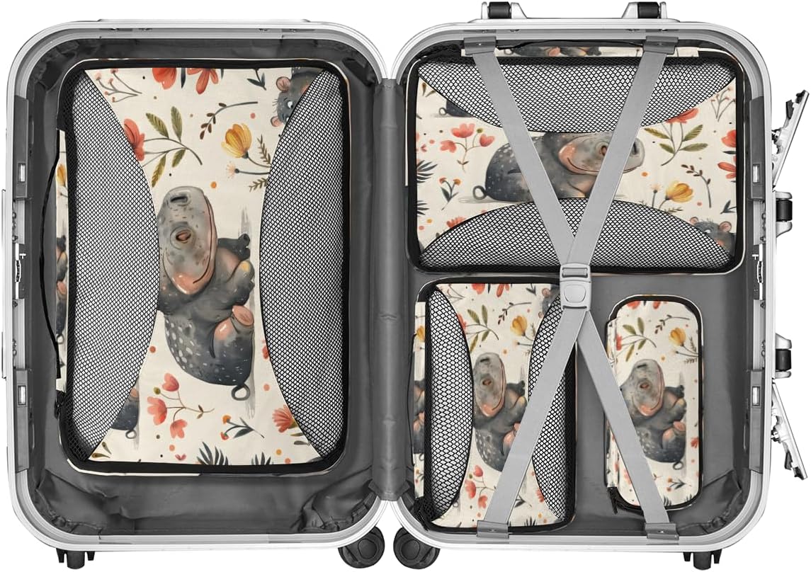 Retro Hippo Floral 4 Set Packing Cubes Packing Cubes for Women Lightweight Travel Essential Bag Clothes Carry on Suitcase Bags for Accessories Essentials