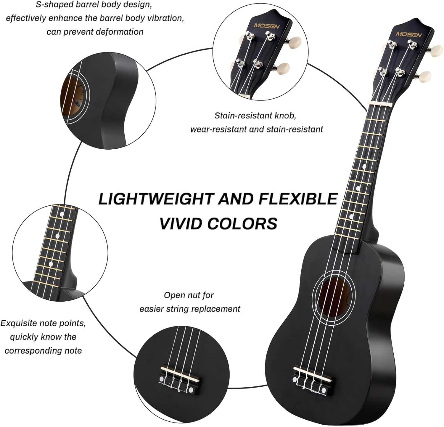 MOSEN Ukulele for Beginners 21 Inch All in One Kit Beginner Professional Ukulele Including Straps, Strings, and Paddles (Black)
