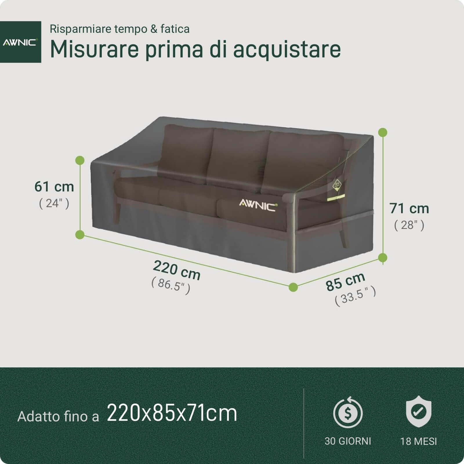 AWNIC Telo Copridivano 3 Posti da Esterno Impermeabile, Resistente ai Raggi UV e agli Strappi Copertura Divano Esterno da Giardino 420D Poliestere 220x85x61/71cm