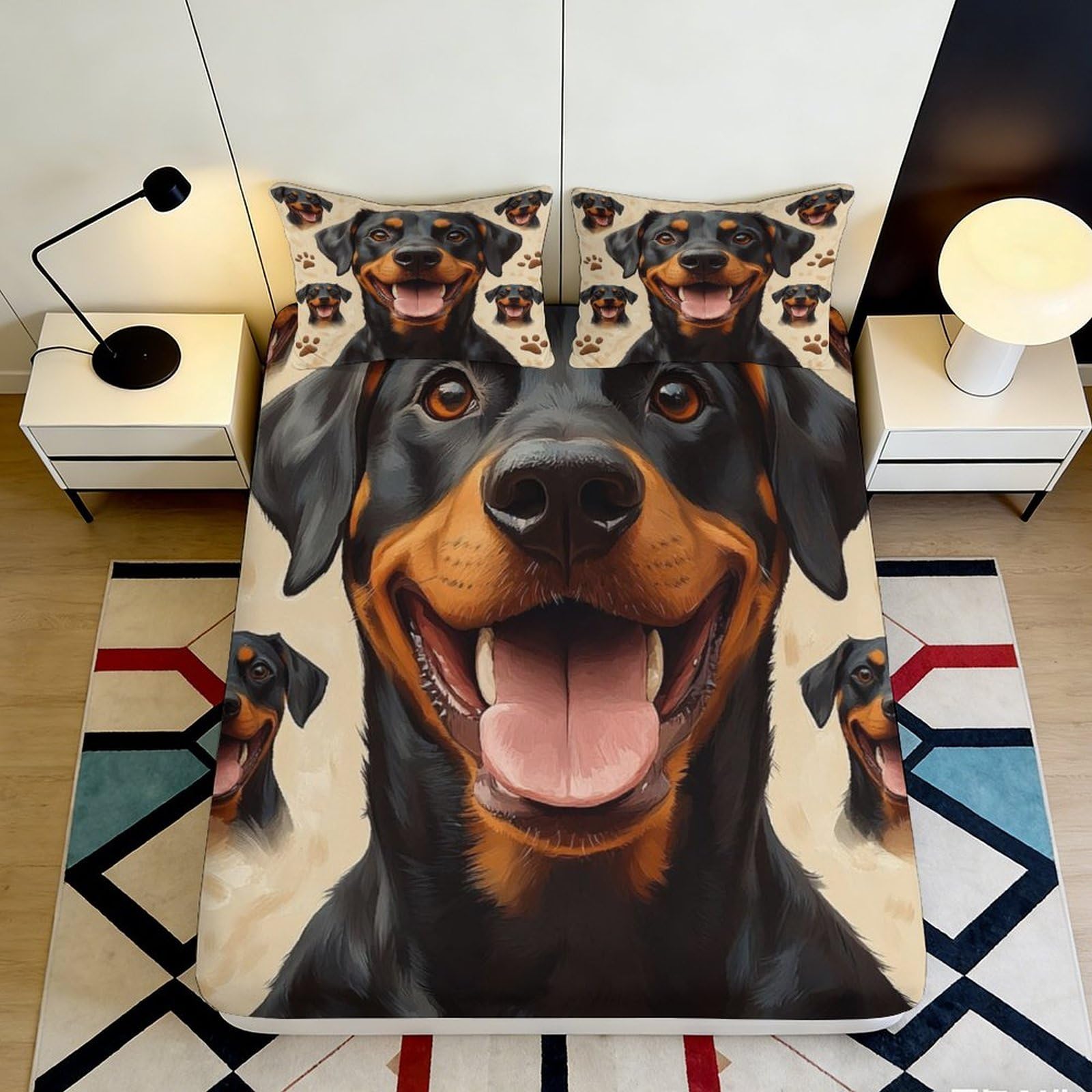 3D Printed Doberman Fitted Sheet Microfiber Anti-Slip Dog Portrait Bed Cover for Bedroom Youth Dorm Protect Decor 90x200x25cm