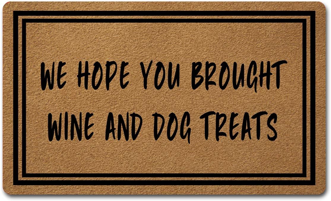 Welcome Mat with Non-Slip Rubber Back（18" x 30"）Funny Doormat for Entrance Way Personalized Monogram Home Decor Mats for Front Door Kitchen Rugs and Mats (We Hope You Brought Wine and Dog Treats)
