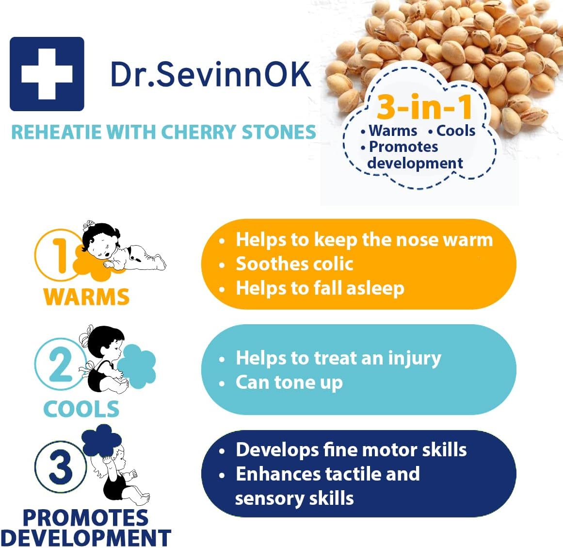 ReHEATIE - Tummy Warmer for Baby Gas and Colic Relief. 3 in 1 Pillow-Toy with Natural Cherry Pits, Relief for Upset Stomach in Babies and Toddlers, Rattle, Pediatrician Recommended : Baby