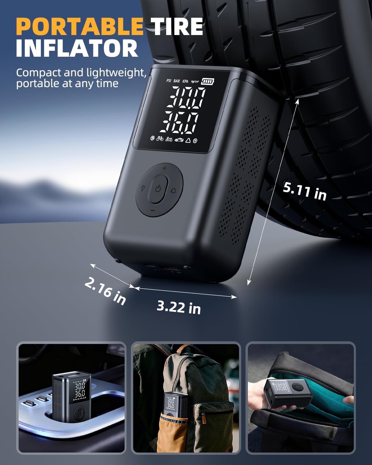 Tire Inflator Portable Air Compressor,160 PSI & 20000mAh Cordless Air Pump for Car Tires with Digital Pressure Gauge, Tire Pump Auto Shut-Off Portable Tire Inflator for Car, Motorcycle, Bicycle, Ball - Image 2