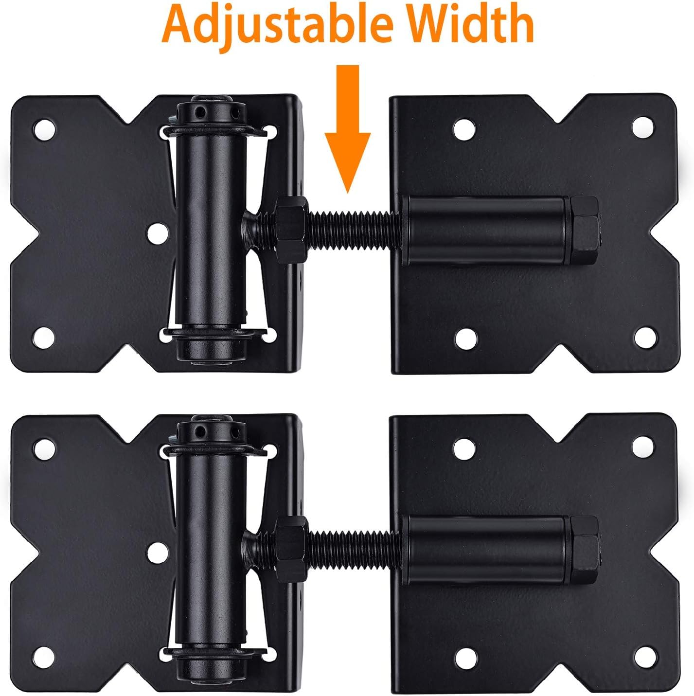 Bisagras de cierre automático resistentes para vallas de madera/vinilo/PVC, 90 grados ajustables, con tornillos de instalación y herramienta de ajuste de oscilación, paquete de 2, color negro